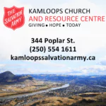 Salvation Army Kamloops Church and Resource Centre information with contact details over a scenic landscape background.