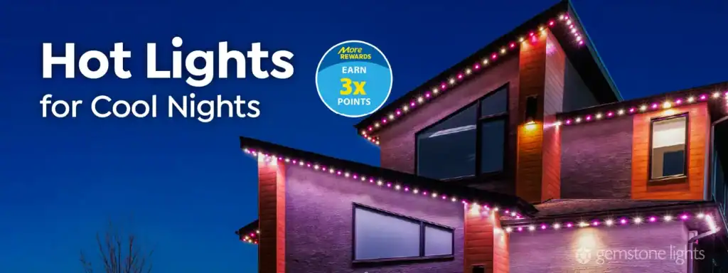 Modern house at dusk with purple and white string lights outlining the roof; text reads, "Hot Lights for Cool Nights." Learn more about us while enjoying a special "3X points" rewards offer.