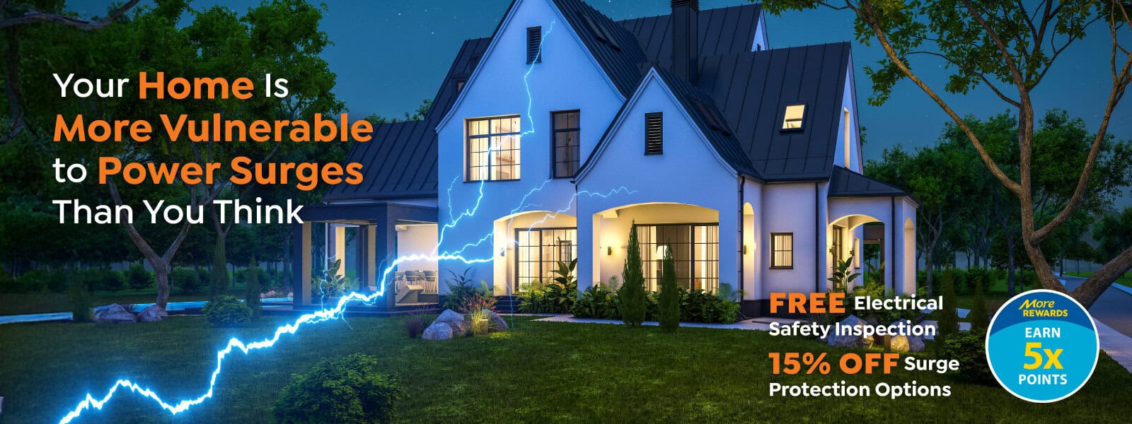 A lightning bolt strikes near a modern two-story house at night, highlighting a promotion for electrical safety inspections and whole-home surge protection options.