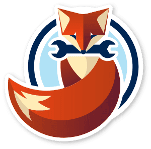 Stylized illustration of a fox holding a wrench in its mouth, with a circular blue background behind it.