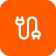 White icon of two electrical plugs connected by a cord on an orange rounded square background.