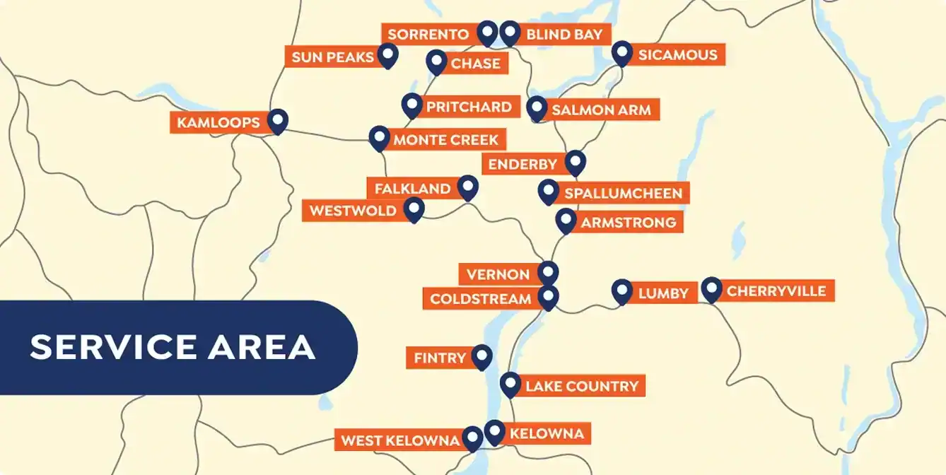 Map showing a service area in British Columbia with labeled towns including Kelowna, Vernon, Salmon Arm, Kamloops, and others, connected by lines and marked with location pins.