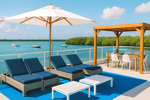 Terrasse rooftop KaraïJet en Guadeloupe avec transats, vue sur la mangrove et espace détente