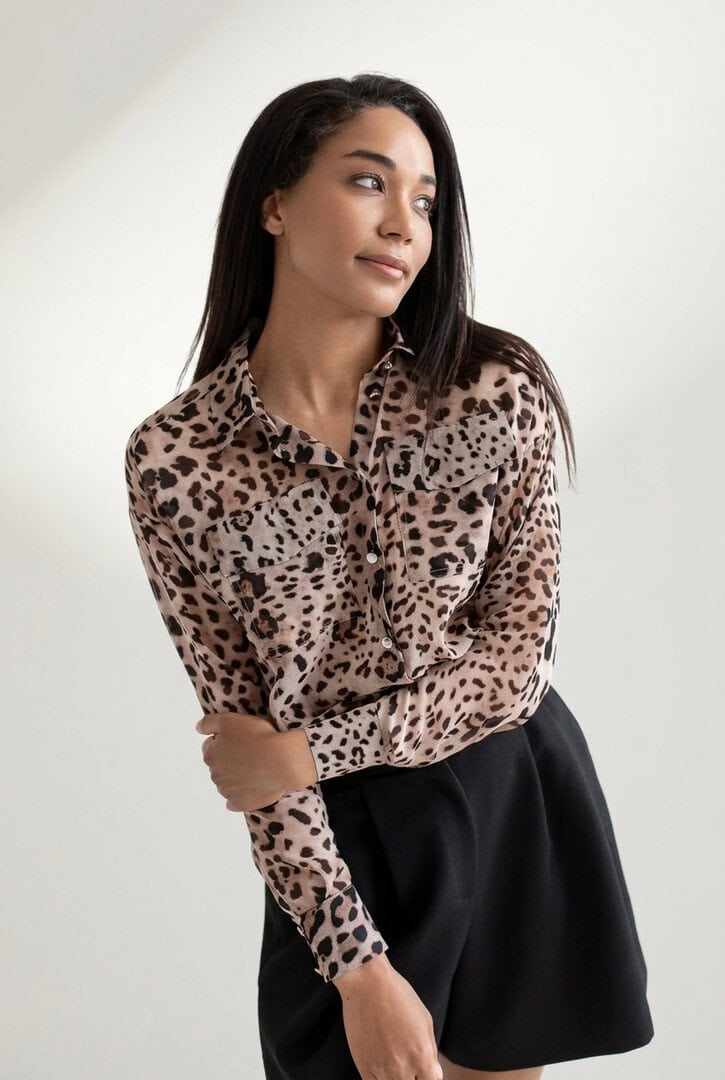 Brązowa jedwabna koszula BRUNA w panterkowy print-1