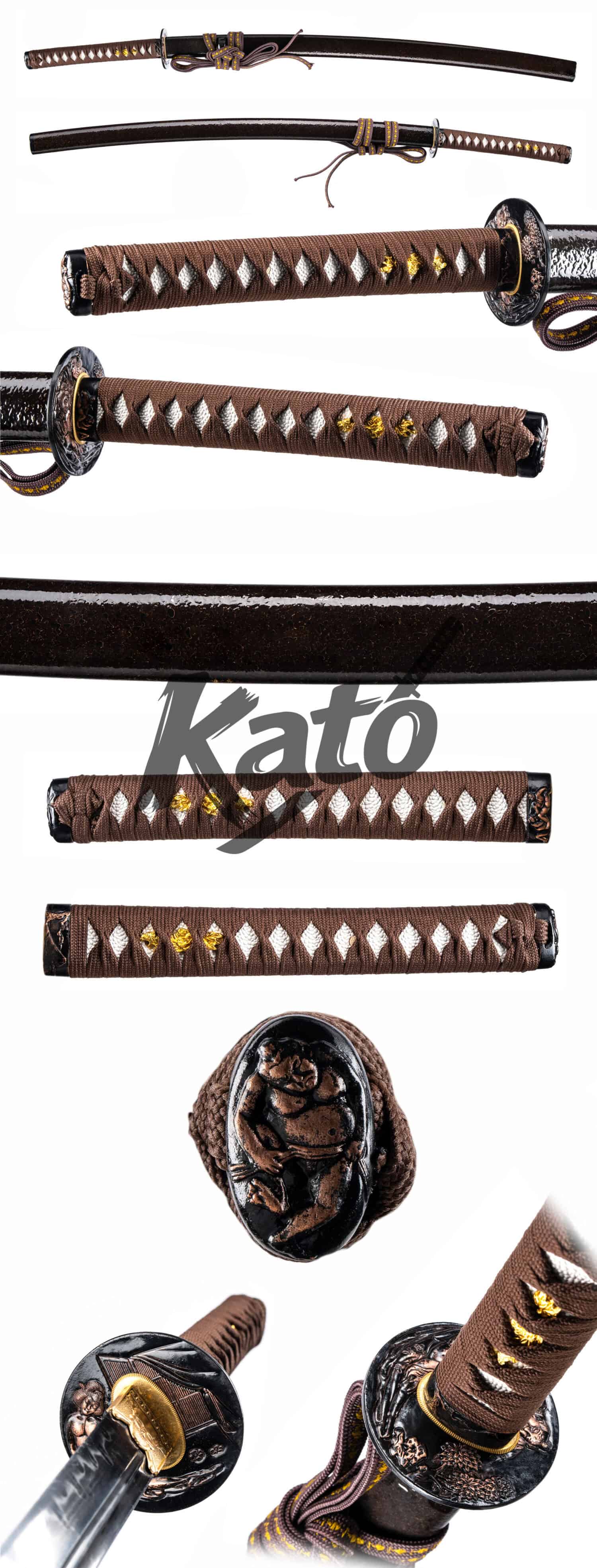 Japanese Katana - T10 Folded Steel - Clay Tempered & 36-Stage Hand Polish - Antique Brown / Water Hashira Black