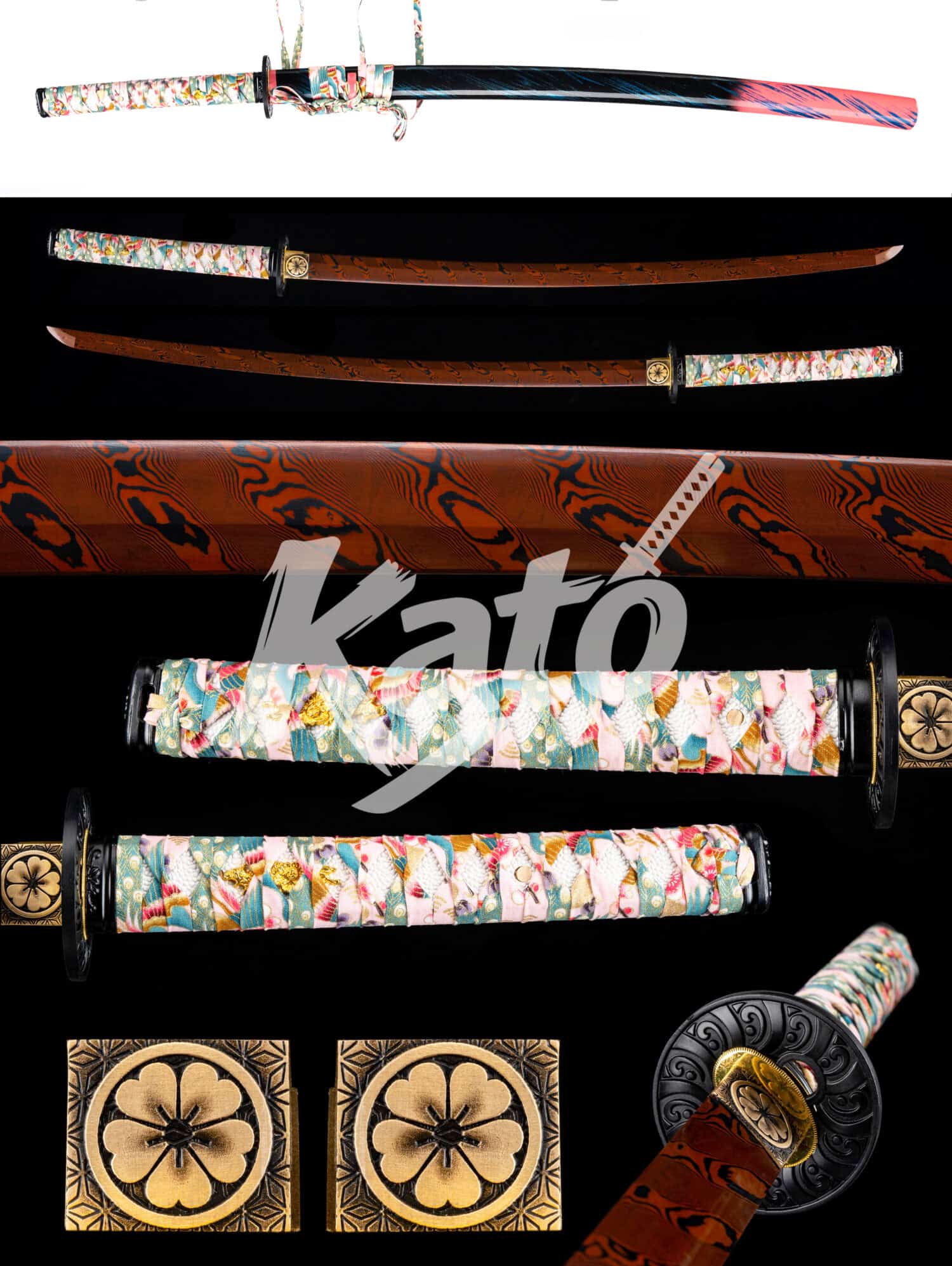 10 Japanese Katana - Damascus Steel - Red Baked Finish & Hand Polish - Crimson Blossom / Sakura Night