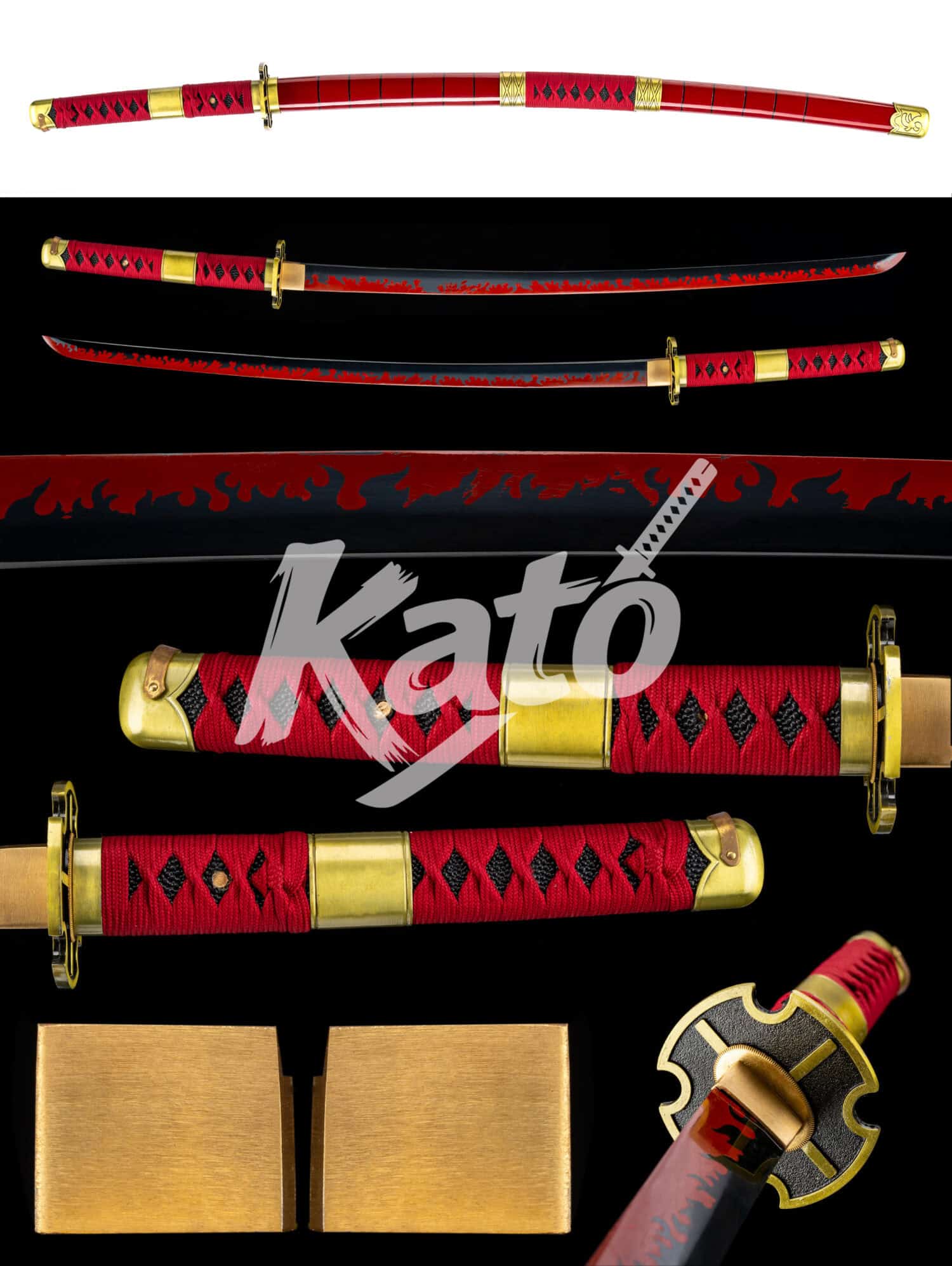 12 Red Saya Flame Katana — 9260 Spring Steel, Hand Forged, High-Temp Blackened Finish