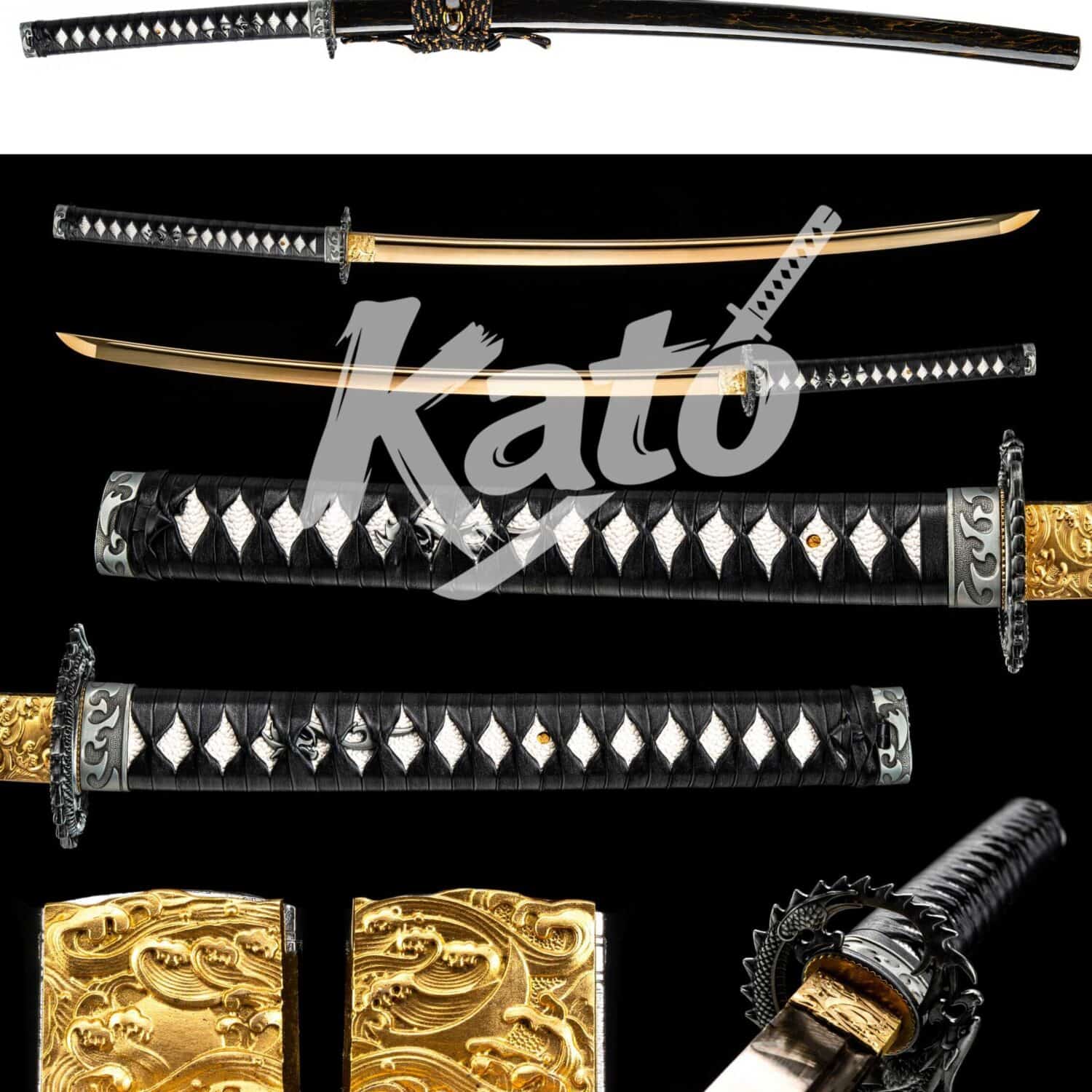 12 1060 Katana Handmade Japanese Sword Collectible Gold Finish Dragon Saya