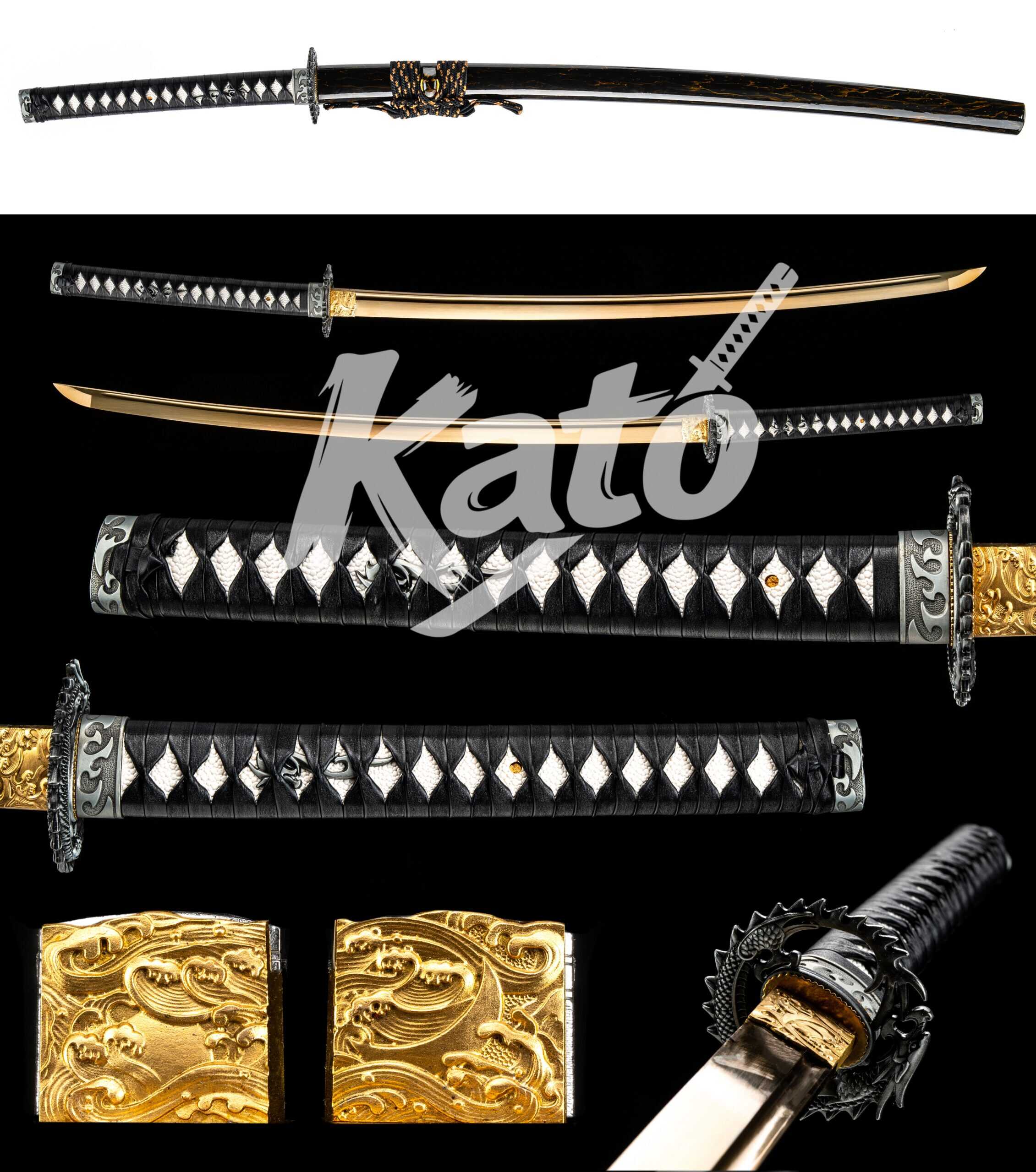 12 1060 Katana Handmade Japanese Sword Collectible Gold Finish Dragon Saya