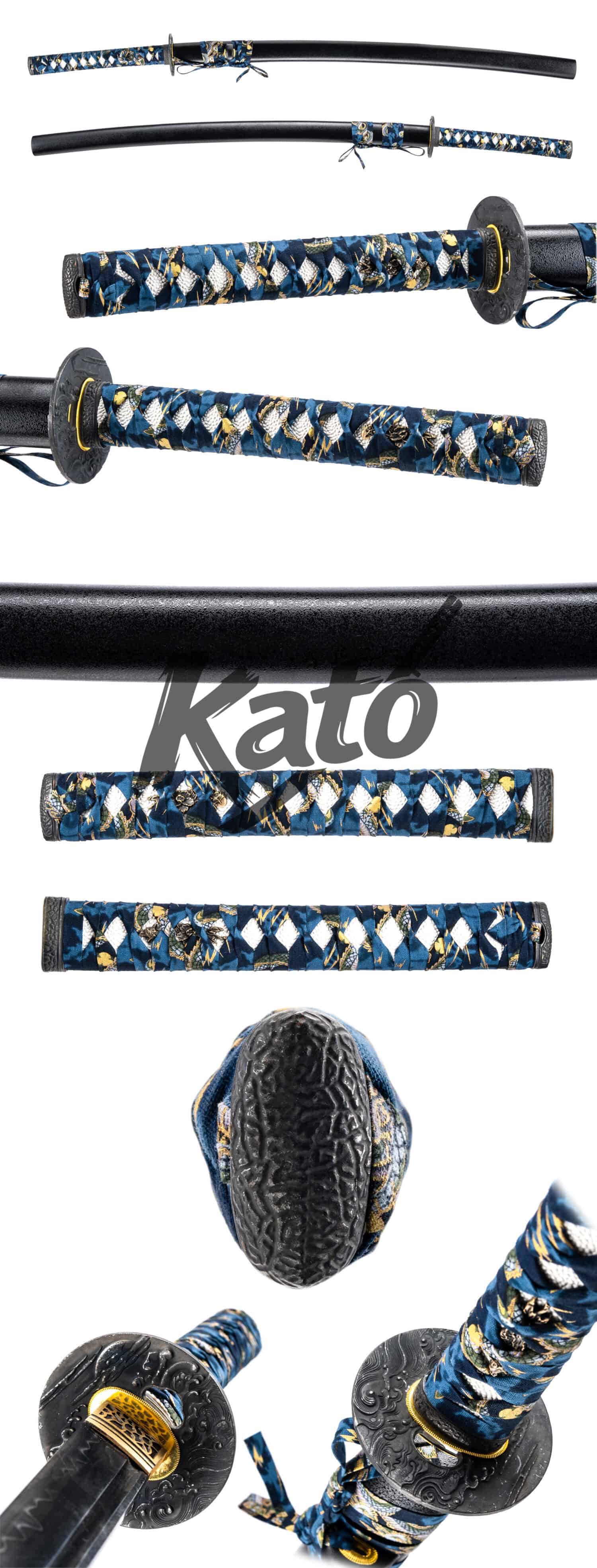 Japanese Katana - 1095 Carbon Steel - Hand-Folded & Clay Tempered - Midnight Onyx / Azure Crane / Crimson Sakura