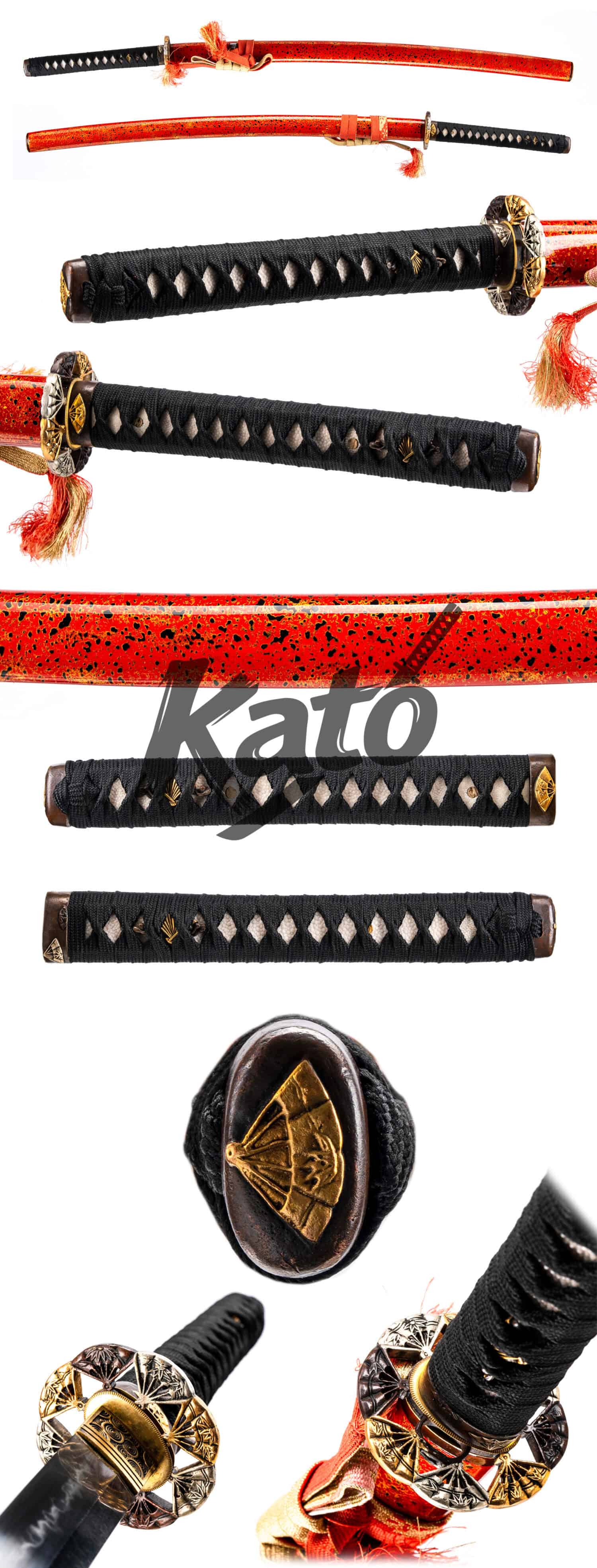 Japanese Katana - 1095 Carbon Steel - Hand-Folded & Clay Tempered with "Nail" Hamon - Imperial Red Rhino / Ancient Gold Zen