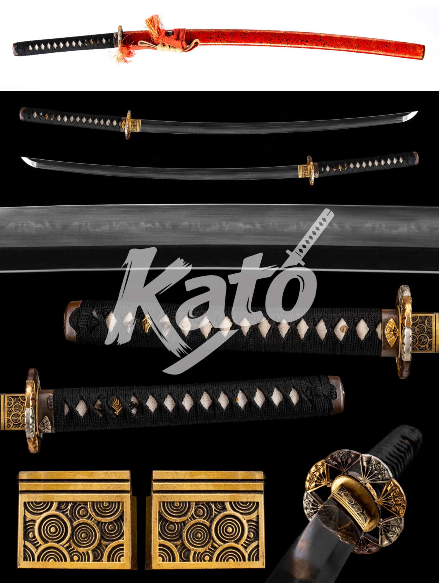 18 Japanese Katana - 1095 Carbon Steel - Hand-Folded & Clay Tempered with "Nail" Hamon - Imperial Red Rhino / Ancient Gold Zen