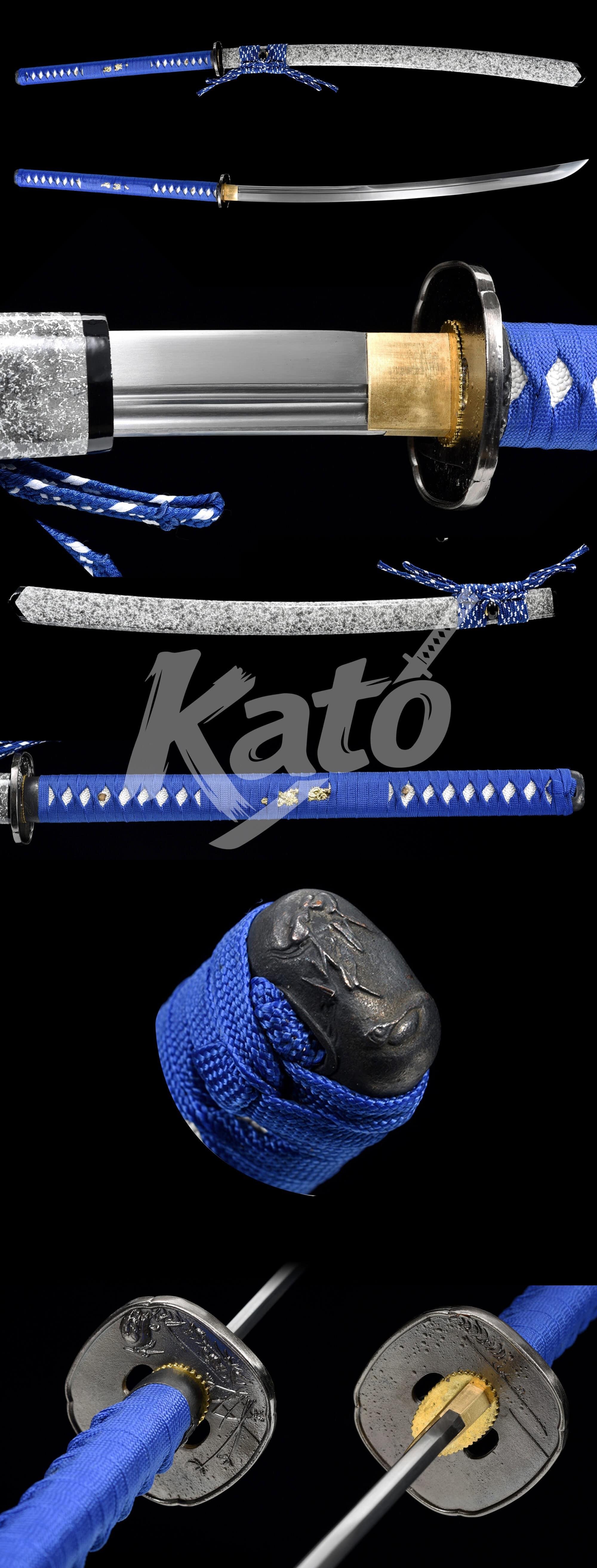 2-2 1095 Steel Naginata – Hand-Forged Blade, Alloy Tsuba, White Saya, Blue Cord Handle with White Samegawa