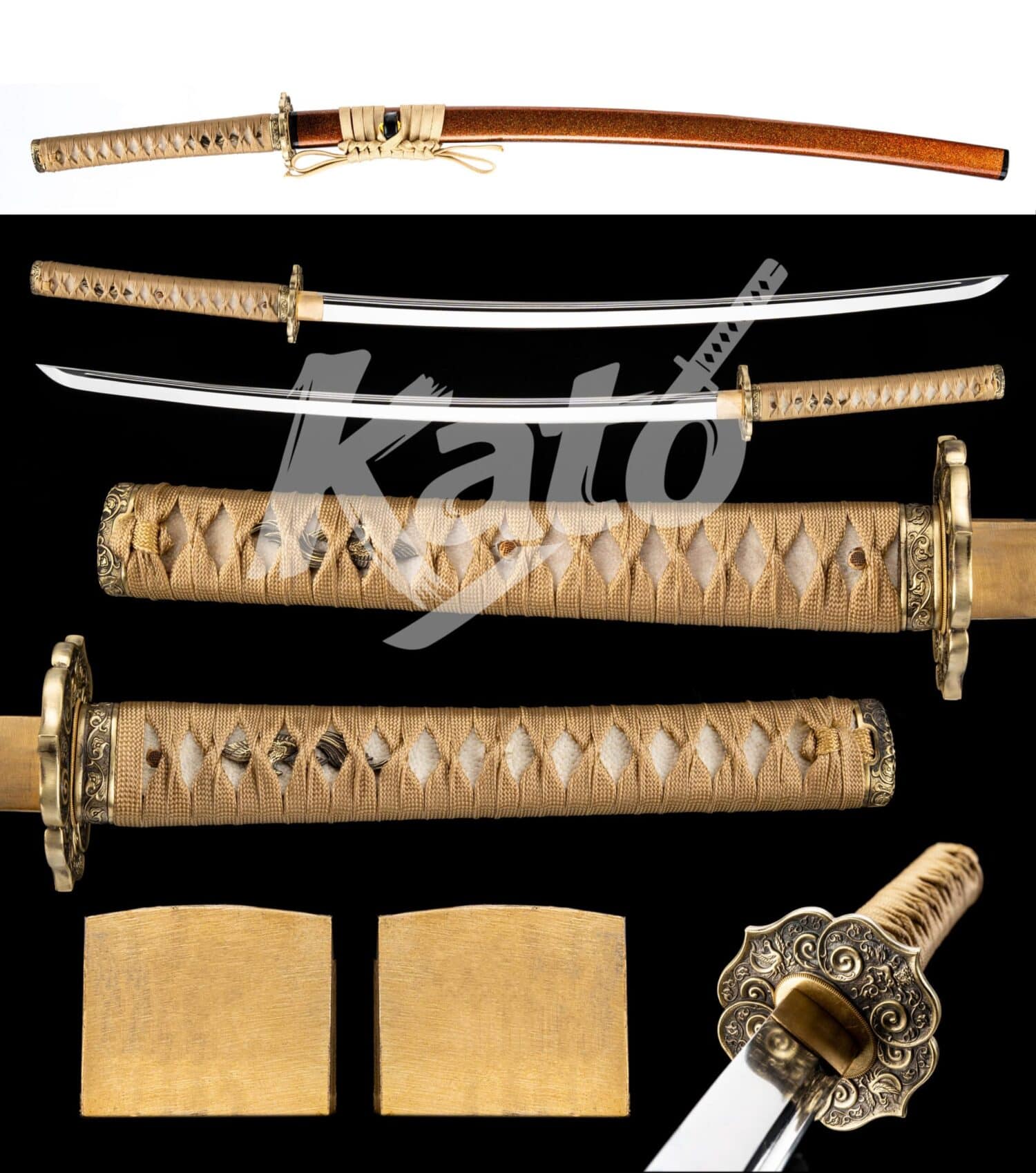 2 5160 Spring Steel Folded Katana Handmade Japanese Sword Collectible Copper Tencel