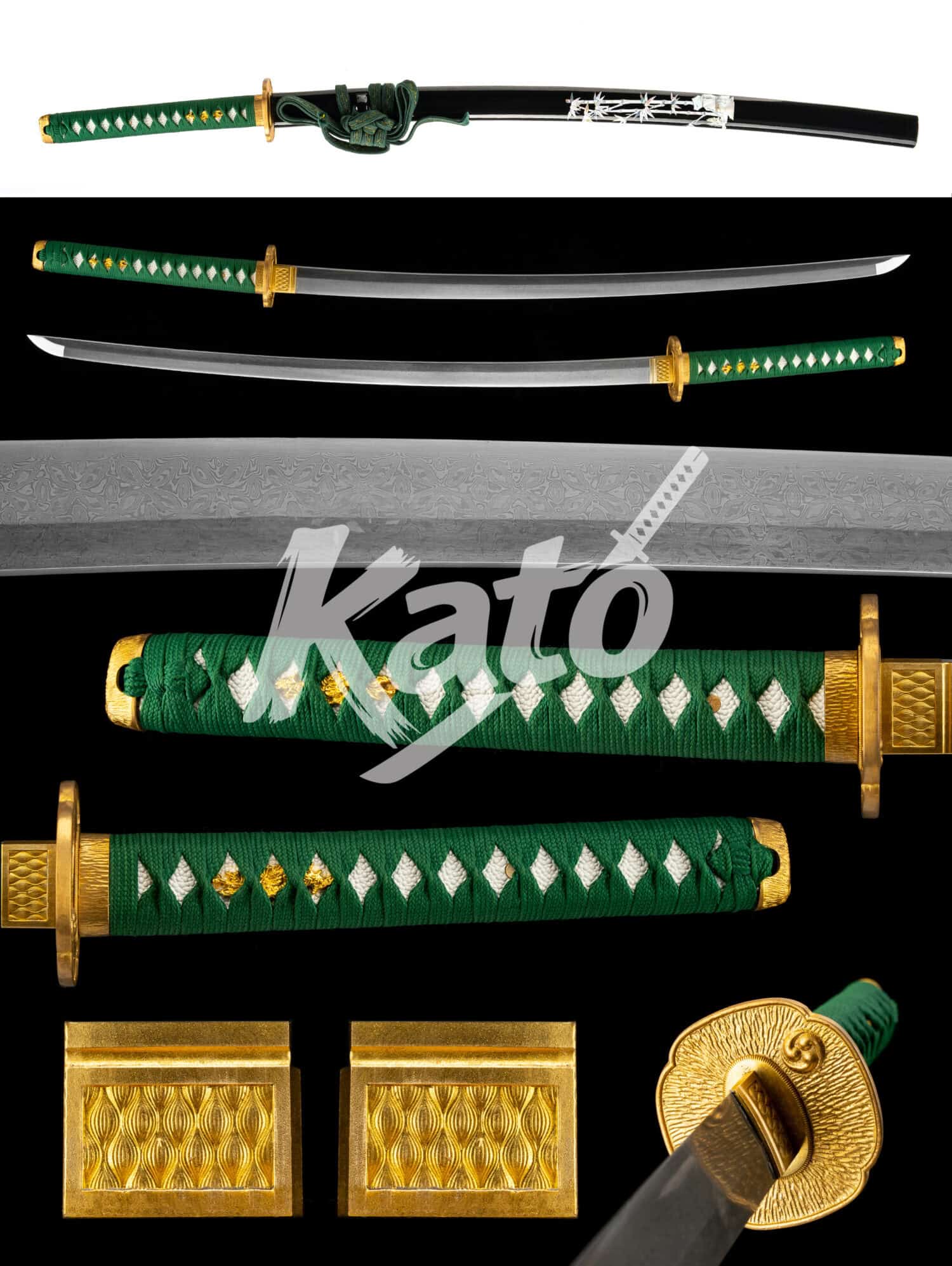 2 Japanese Katana - Damascus Steel - Hand-Folded & Manual Polish - Emerald Bamboo / Imperial Dragon / Golden Crane