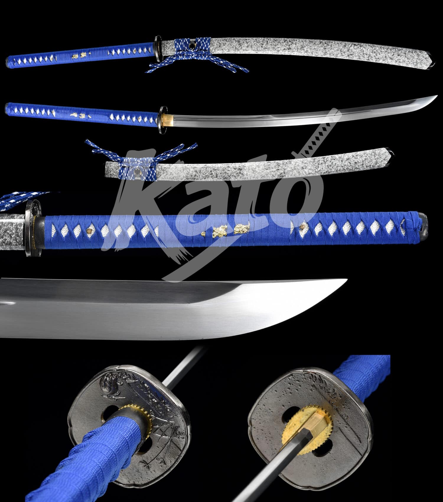 2 1095 Steel Naginata – Hand-Forged Blade, Alloy Tsuba, White Saya, Blue Cord Handle with White Samegawa
