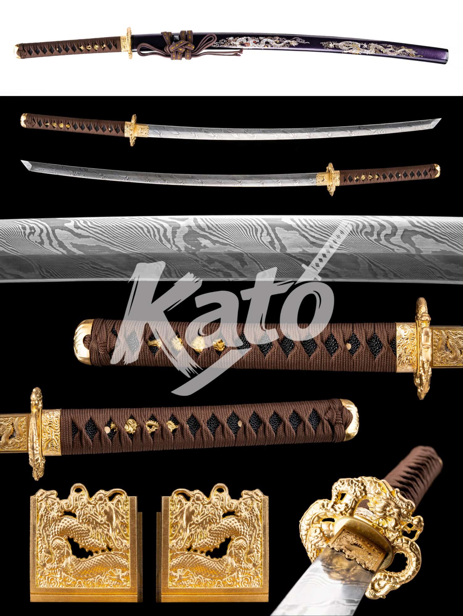 20 Japanese Katana - Damascus Steel - Hand-Folded & Manual Polish - Imperial Dragon / Crimson Fan / Azure Brocade