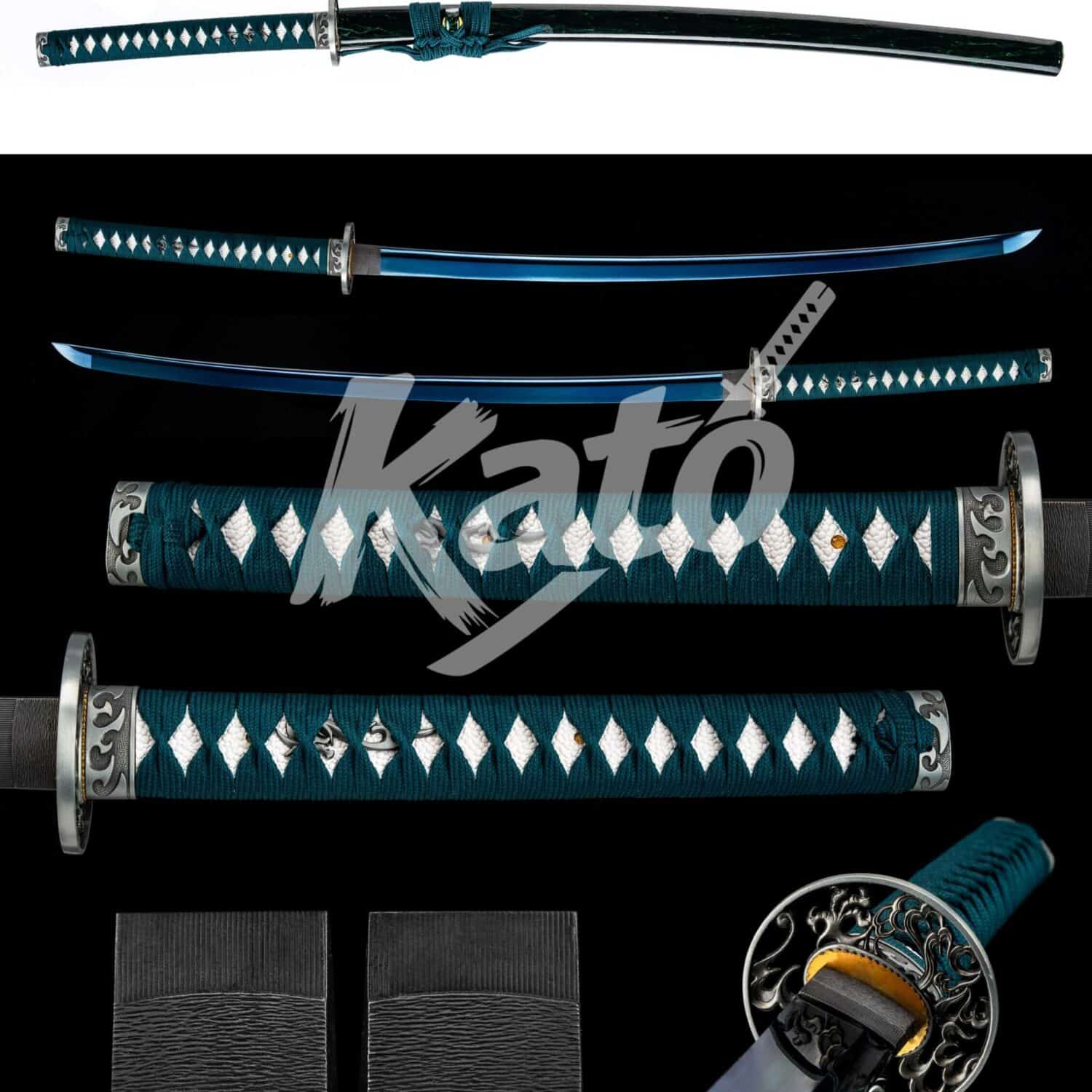 20 9260 Spring Steel Katana Handmade Japanese Sword Collectible Blue Finish Floral Saya
