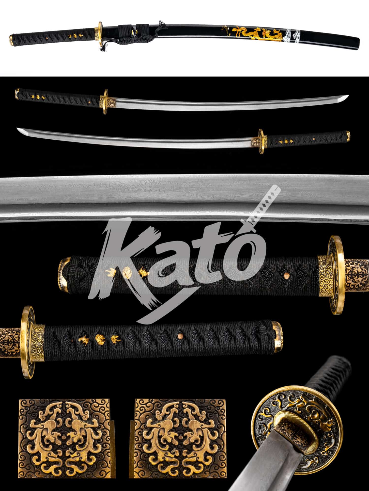22 Japanese Katana - Damascus Steel - Hand-Folded & Manual Shiage Polish - Imperial Gold Dragon / Crimson Sakura / Azure Brocade