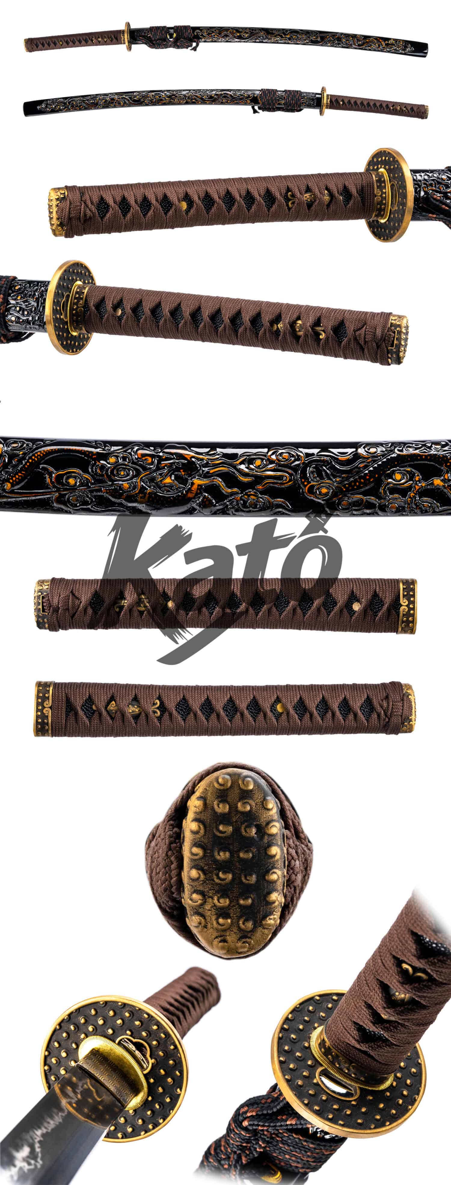 Black Carved Saya T10 Folded Steel Katana — Clay-Tempered Hamon, Copper Fittings
