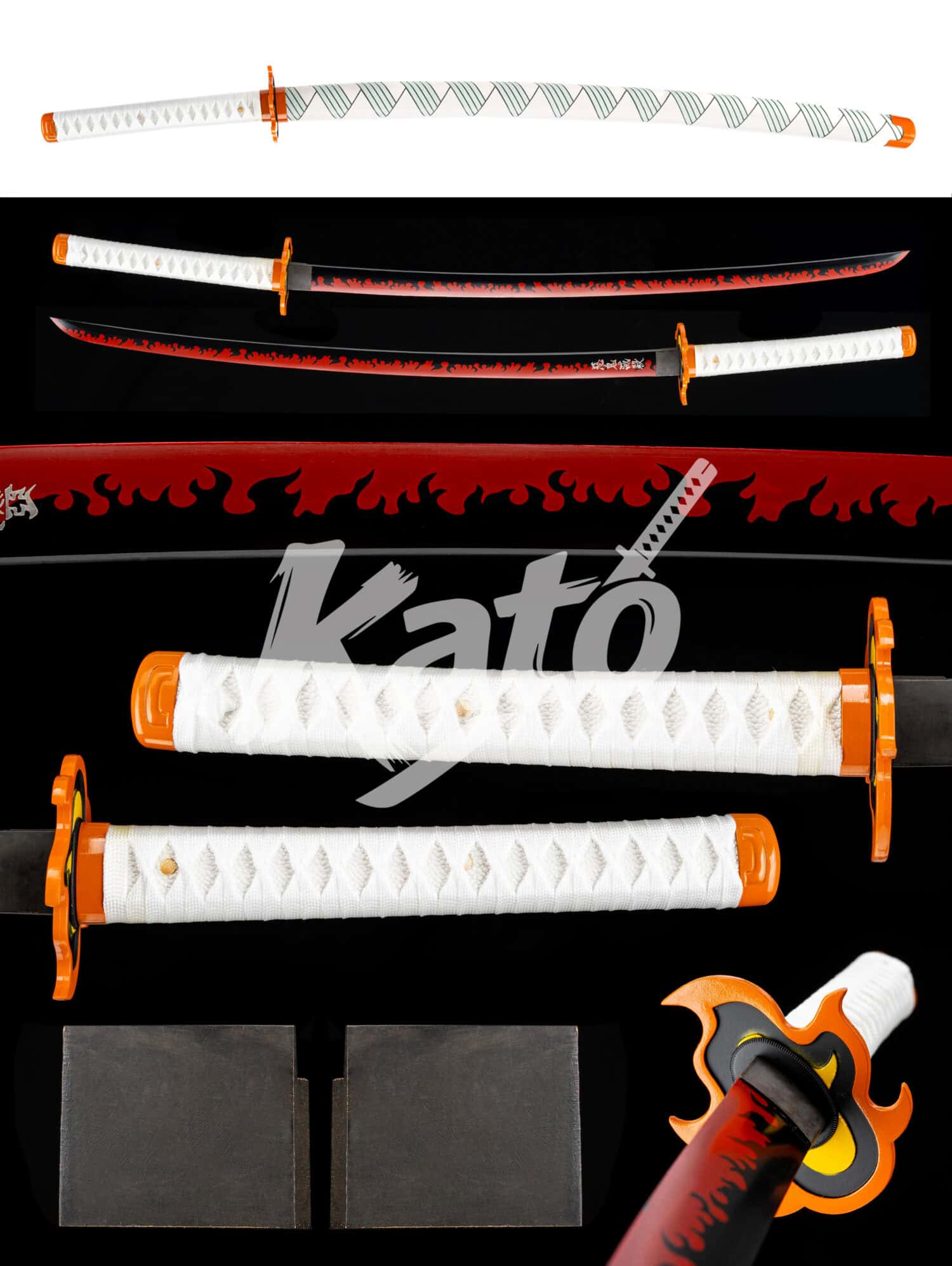 4 Love Hashira-Inspired 9260 Spring Steel Katana Sword (40.2") — Hand Forged, High-Temp Blackened Blade w/ Flame Pattern, White Lacquered Hardwood Saya