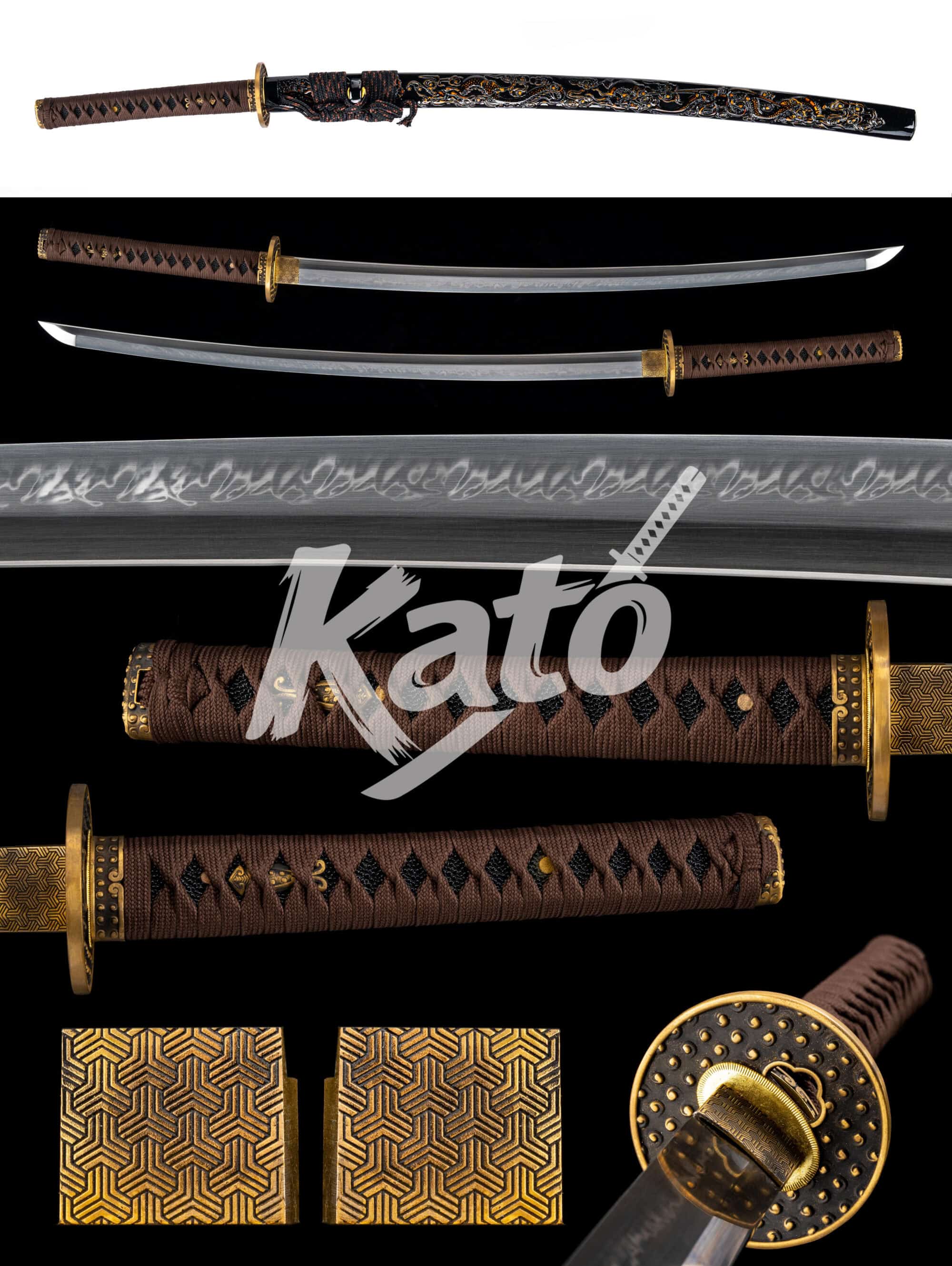 4 Black Carved Saya T10 Folded Steel Katana — Clay-Tempered Hamon, Copper Fittings