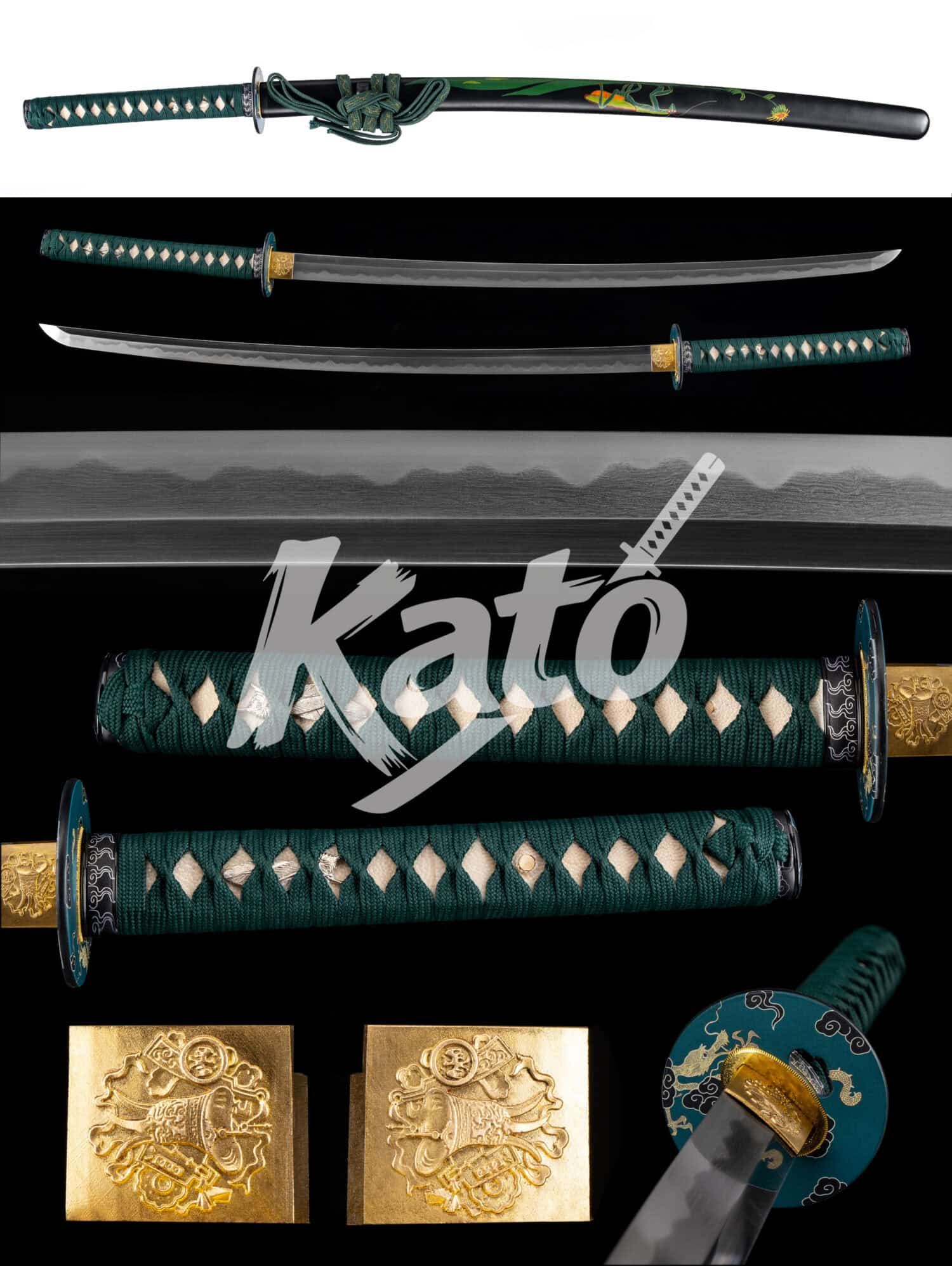 4 Japanese Katana - Wootz Steel - Clay Tempered & 36-Stage Tri-Color Hand Polish - Antique Brown / Forest Green / Water Hashira