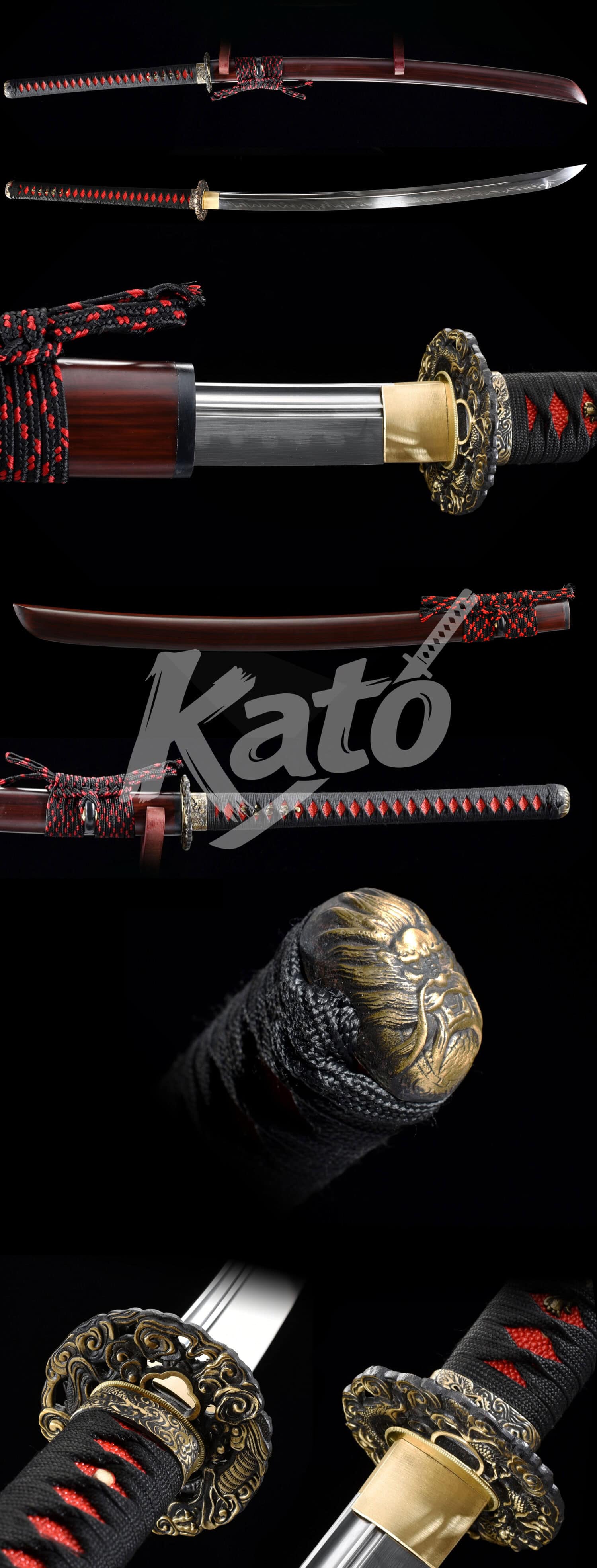 T10 Steel Naginata – Hand-Forged with Clay-Tempered Hamon, Red Saya, Wave Tsuba, Full Tang