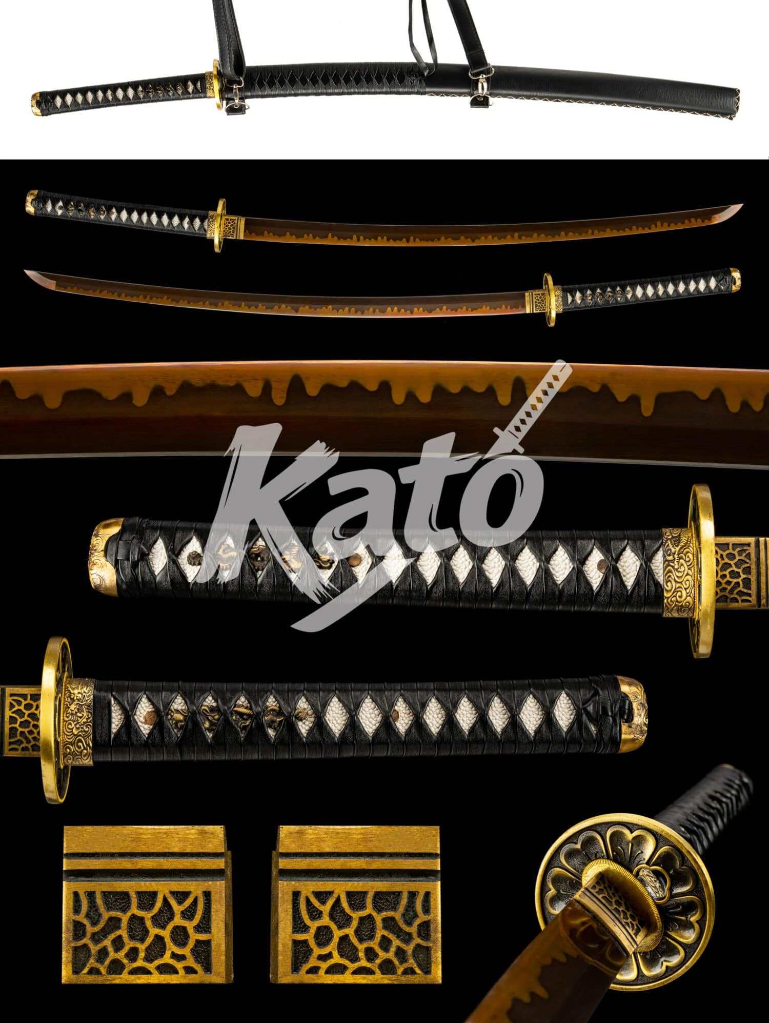 4 Japanese Katana - 1095 Carbon Steel - Clay Tempered & Red Baked Finish - Tactical Crimson / Stealth Black Leather