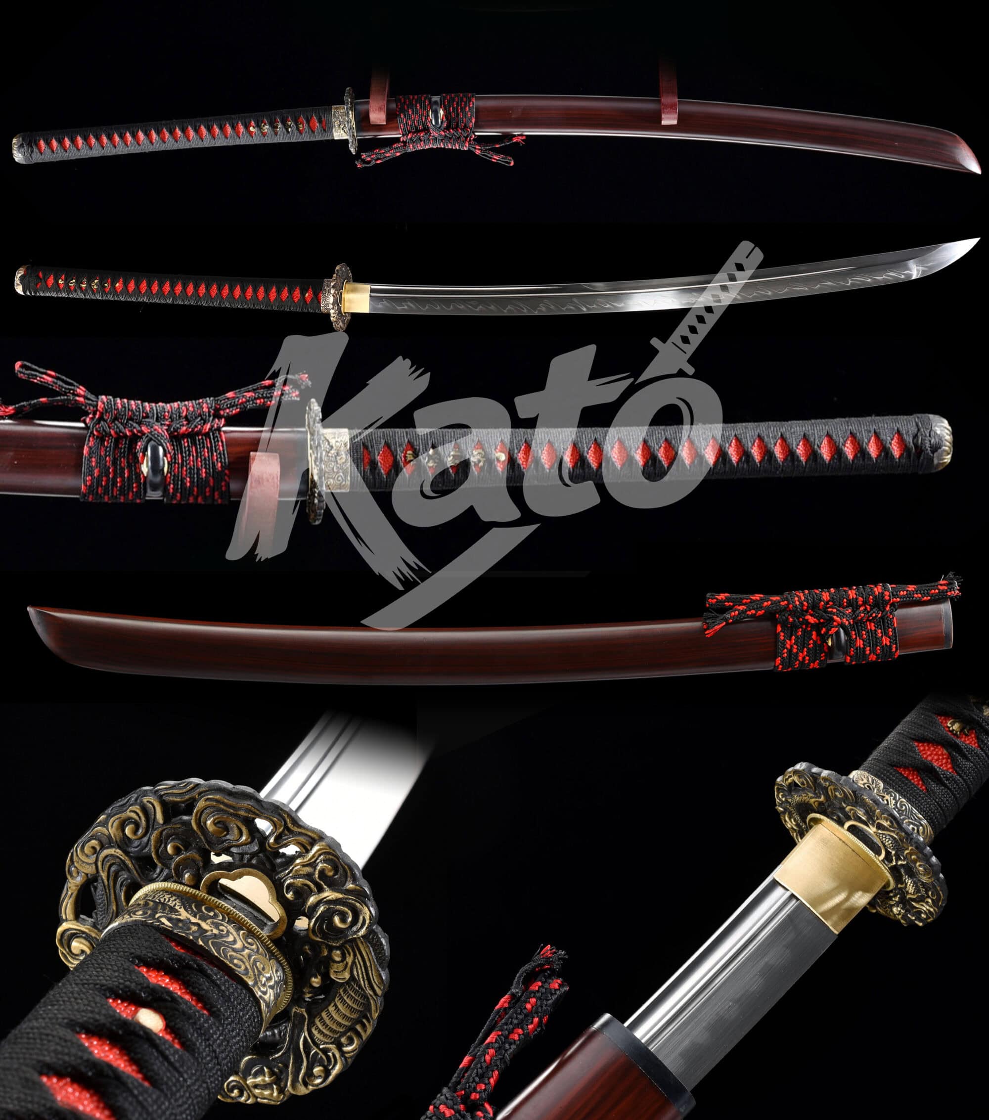 4 T10 Steel Naginata – Hand-Forged with Clay-Tempered Hamon, Red Saya, Wave Tsuba, Full Tang