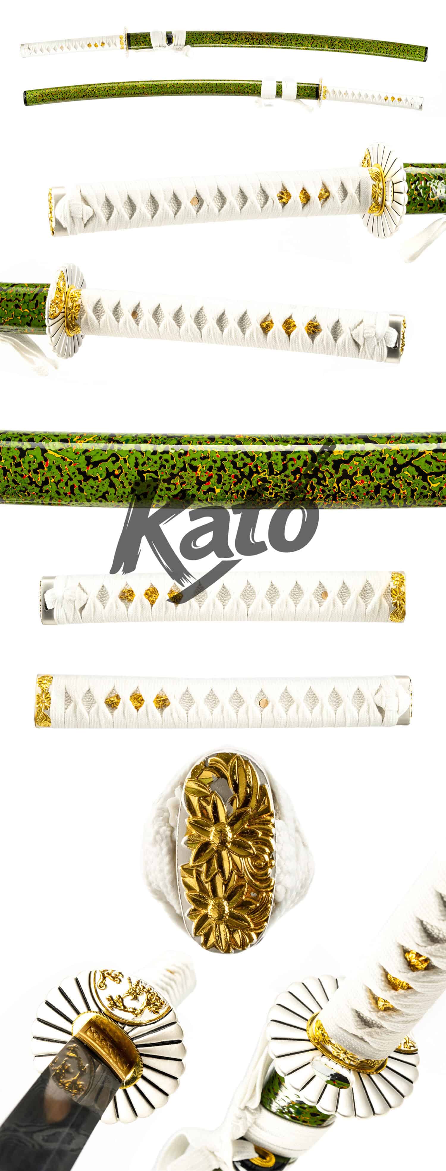 Japanese Katana - Damascus Steel - Hand-Folded & Dragon Engraving - Imperial Rhino-Skin / Emerald Moss / Solar Gold