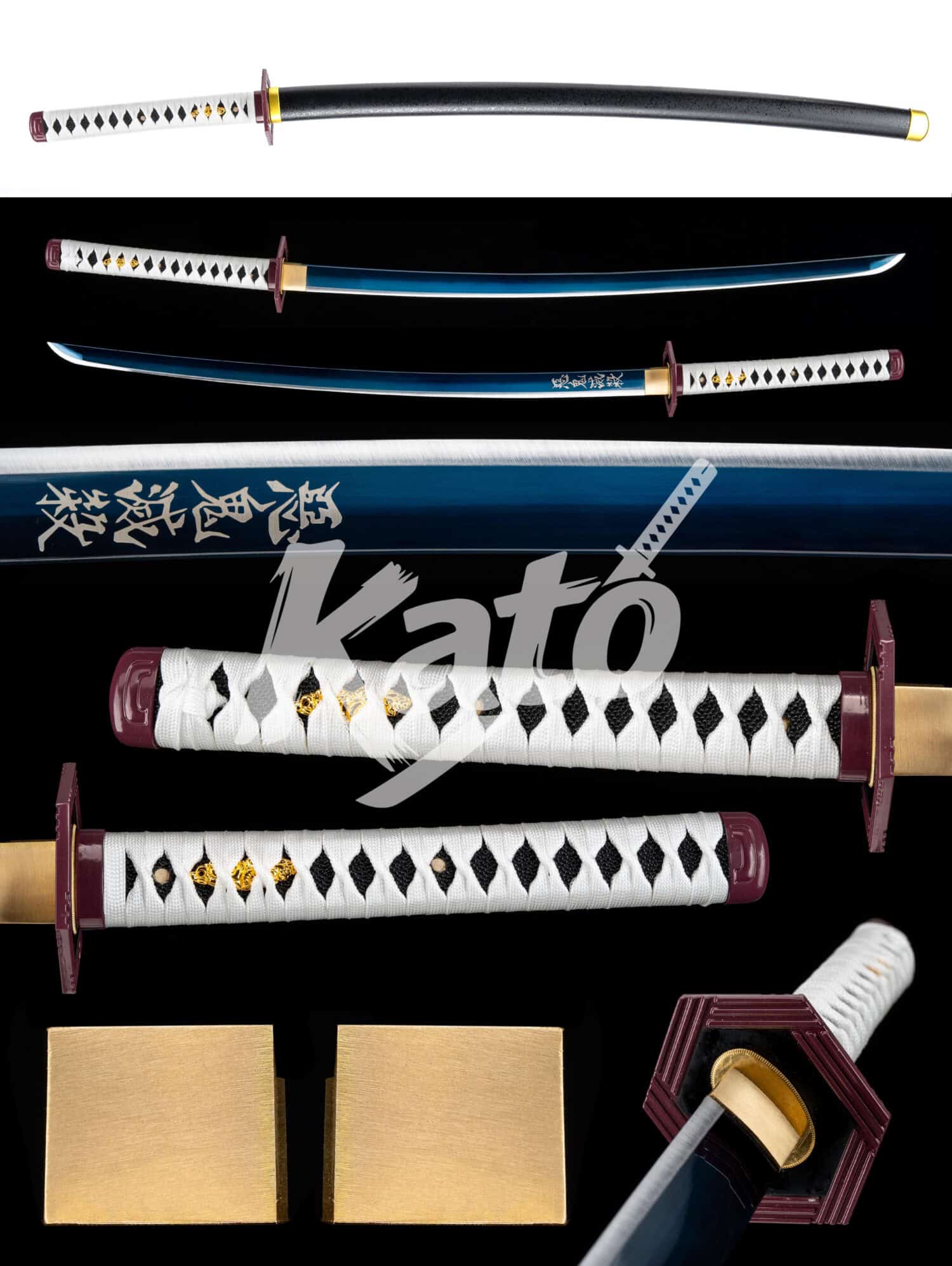 6 Water Hashira-Inspired 9260 Spring Steel Katana Sword (40.2") — Hand Forged, High-Temp Blackened Blue Blade, Alloy Baked-Color Fittings, Hardwood Lacquered Saya