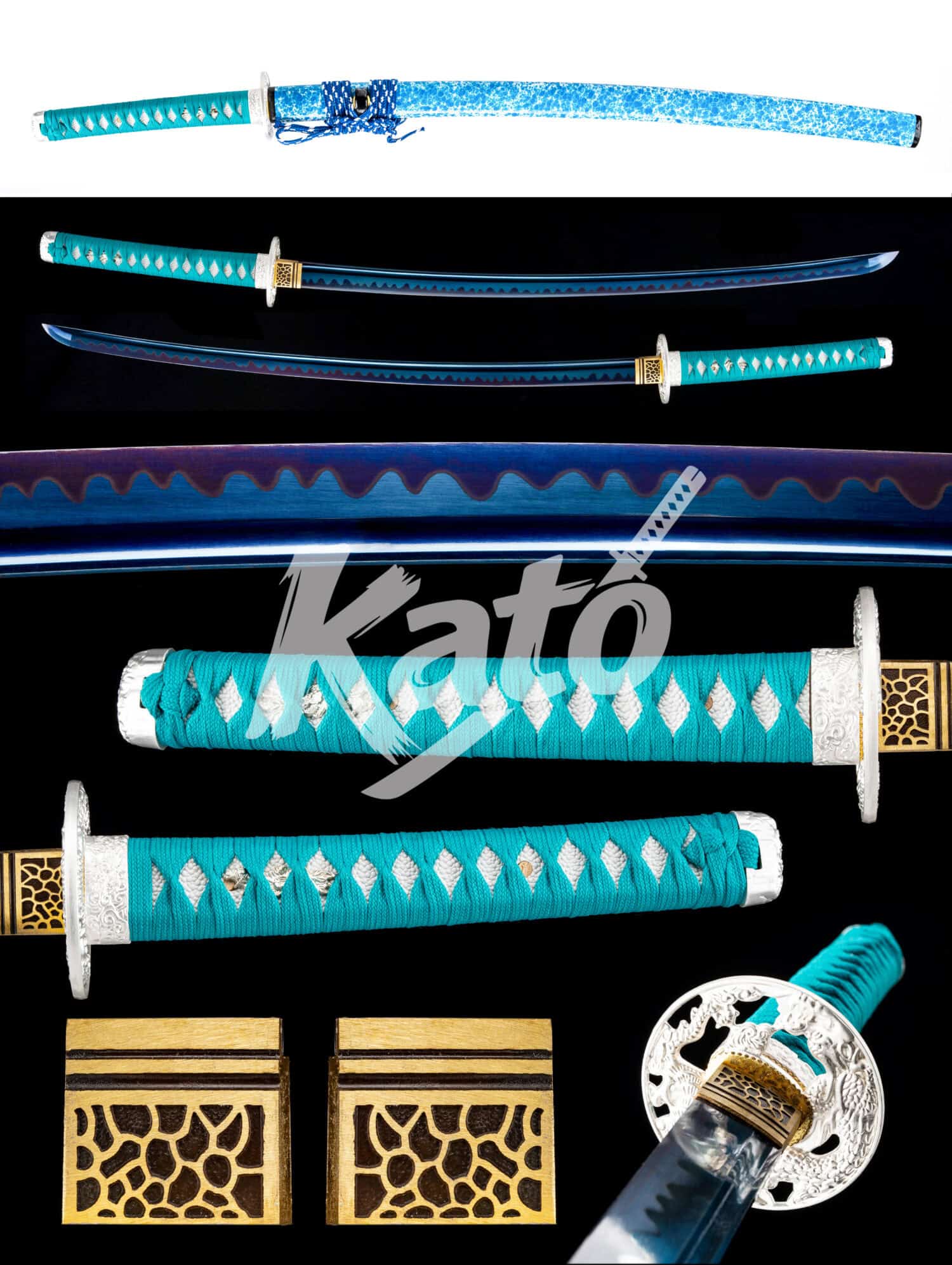 6 Ocean Blue 9260 Spring Steel Katana — High-Temperature Blued Blade, Tencel-Wrapped