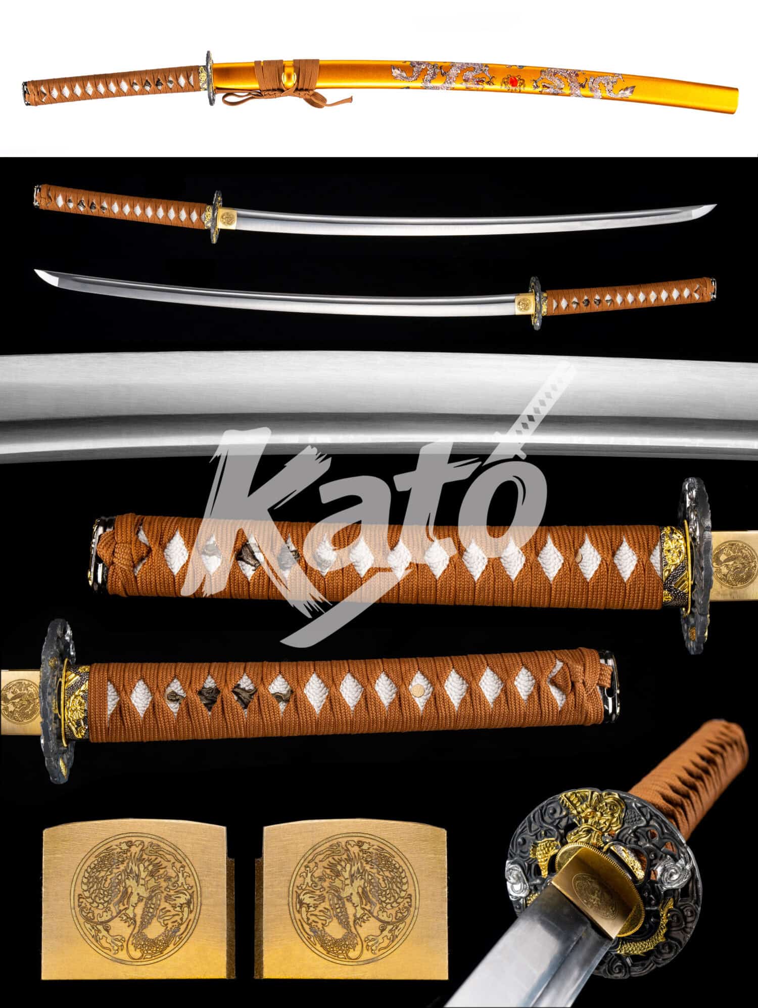 6 Japanese Katana - 9260 Spring Steel - Hand-Folded & Shiage Polish - Golden Dragon / Emerald Mantis