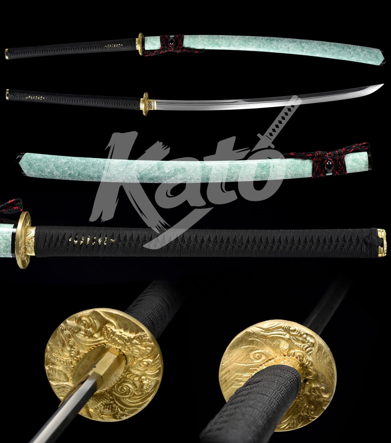 6 Damascus Steel Naginata – Hand-Forged Blade, Copper Tsuba, Green Saya, Black Cord Handle with Black Samegawa