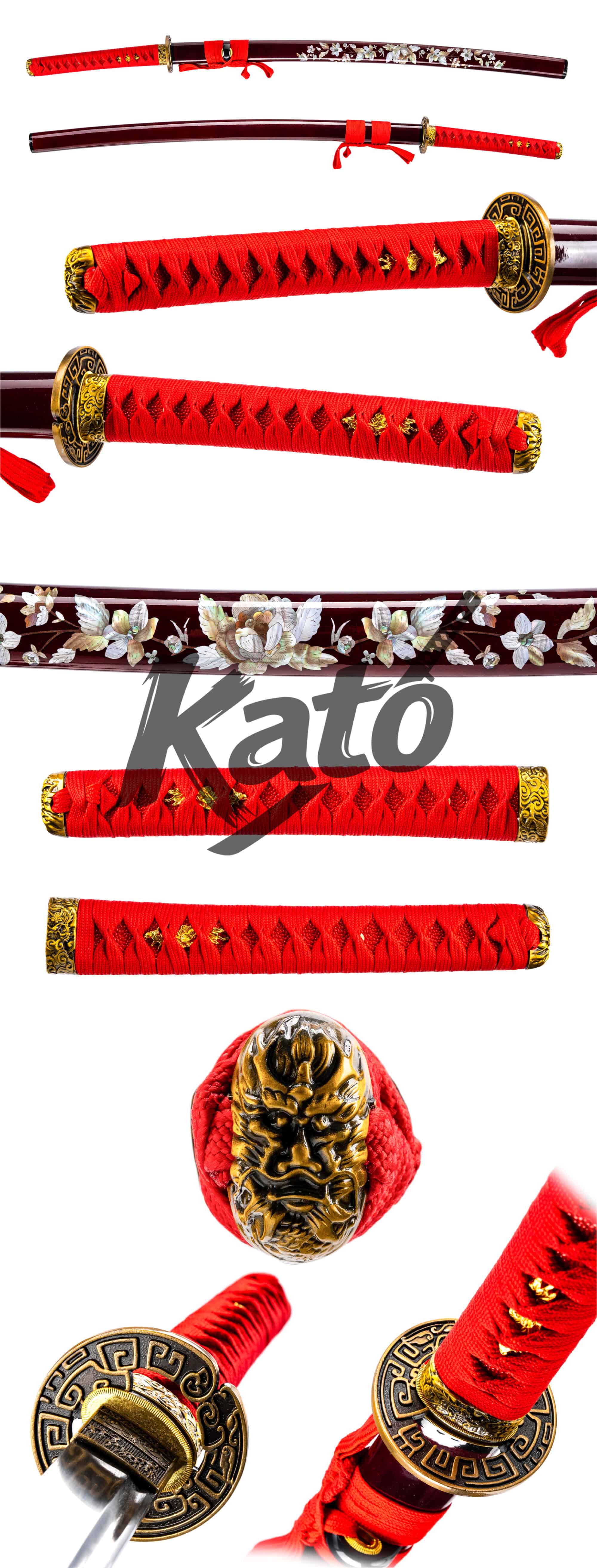 7 9260 Spring Steel Katana Handmade Japanese Sword Collectible Floral Saya Tencel Crimson