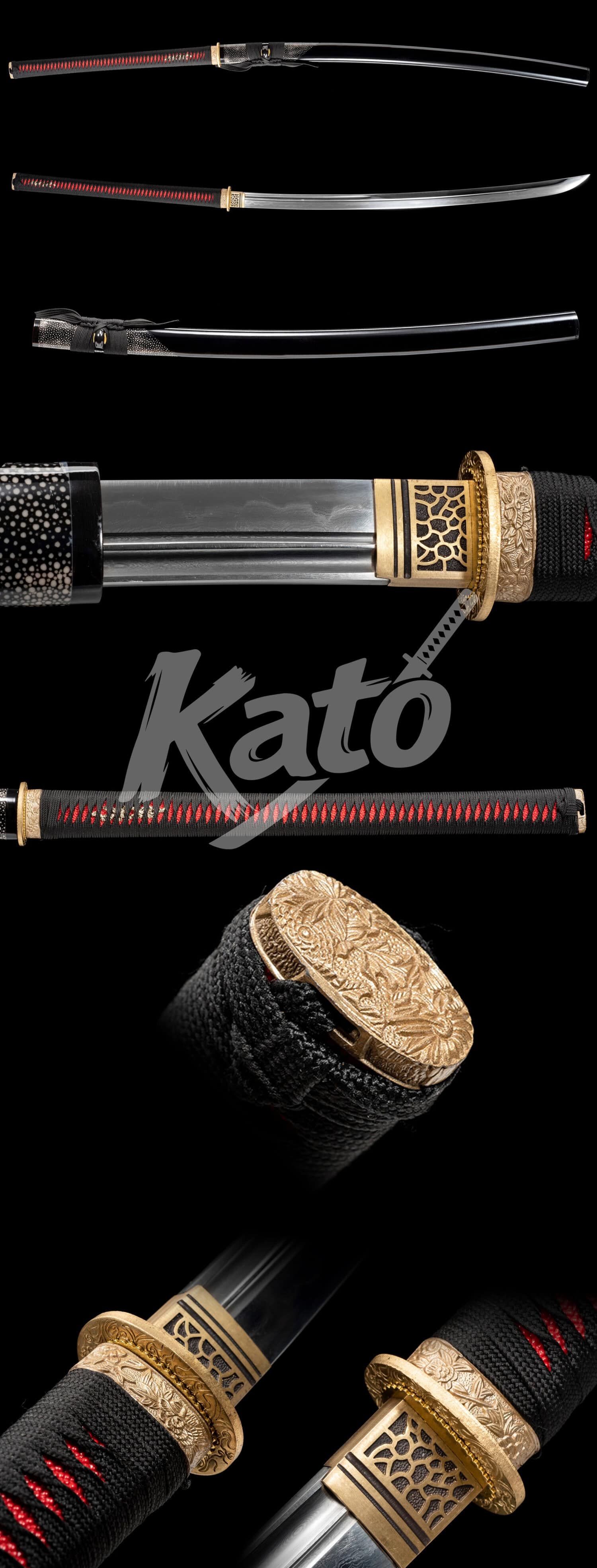 Damascus Steel Naginata – Hand-Forged Blade, Copper Tsuba, Black Saya, Black Cord Handle with Red Samegawa