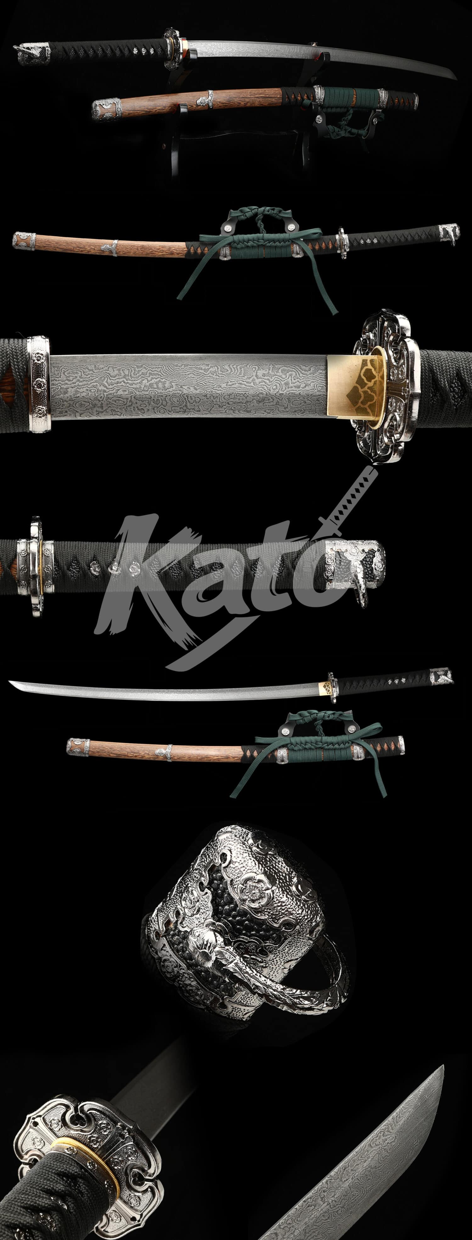 Damascus Steel Tachi – Full Tang, Red Hardwood Saya, Traditional Mounting