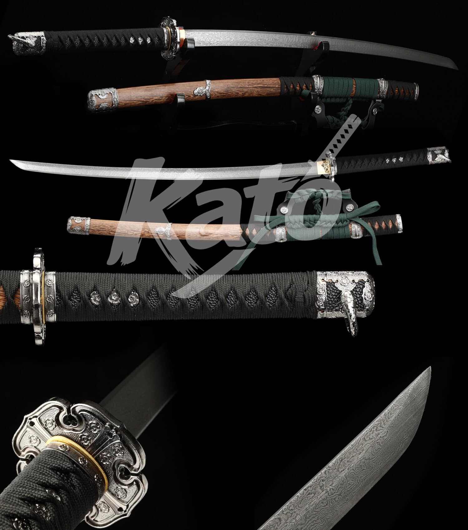 10 Damascus Steel Tachi – Full Tang, Red Hardwood Saya, Traditional Mounting
