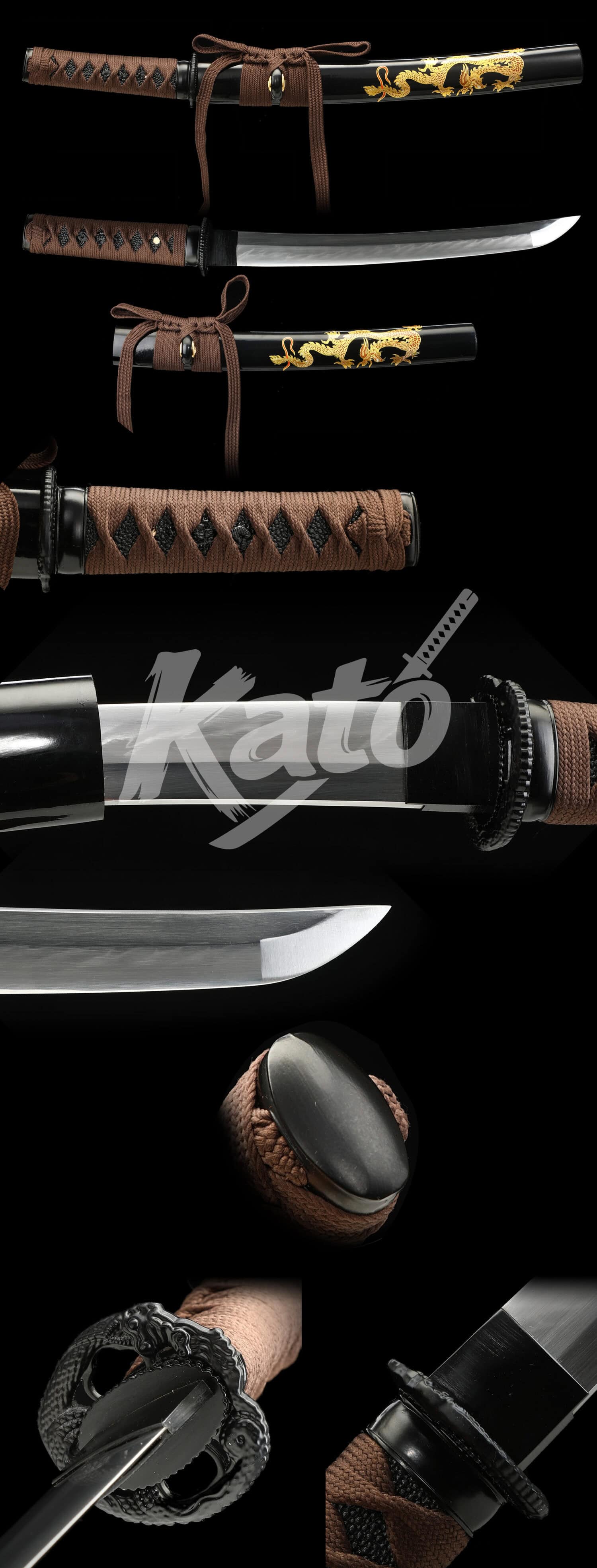Hand-Forged T10 Steel Wakizashi Sword – Dragon Tsuba, Brown Cord Handle, Lacquered Hardwood Saya, Full Tang
