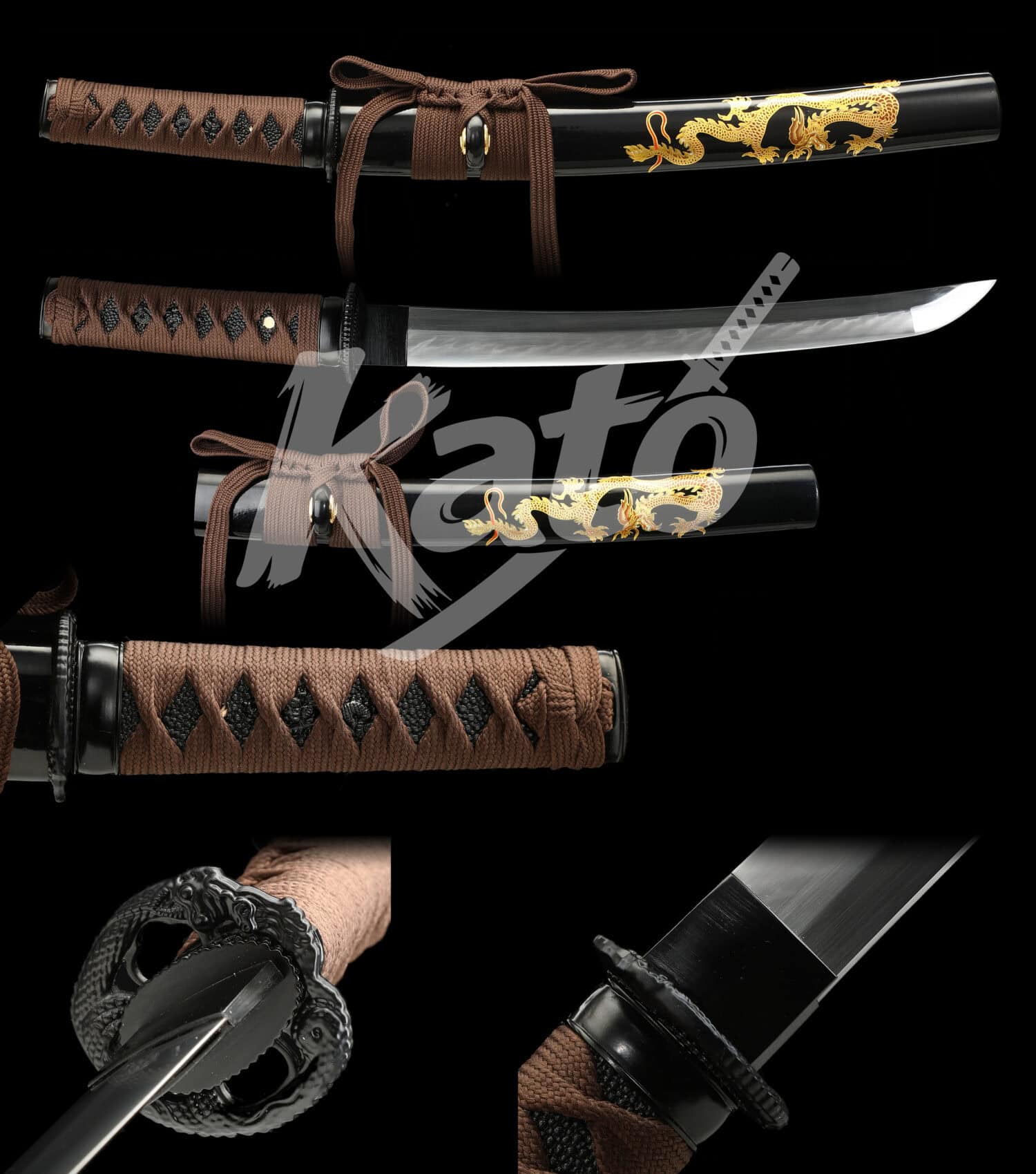 11 Hand-Forged T10 Steel Wakizashi Sword – Dragon Tsuba, Brown Cord Handle, Lacquered Hardwood Saya, Full Tang