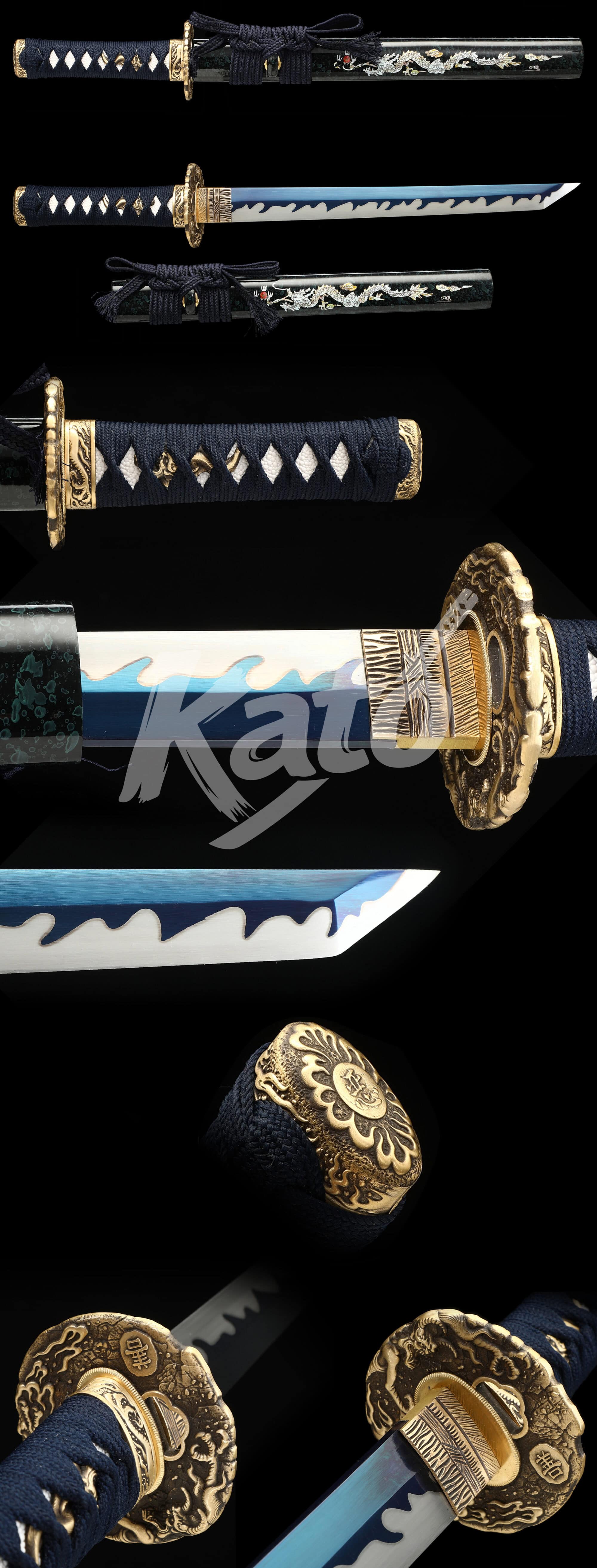 12-12 Hand-Forged 1095 Carbon Steel Tanto – Full Tang Blade, Dragon-Themed Brass Tsuba, Blue Cord Handle, Black Lacquered Saya