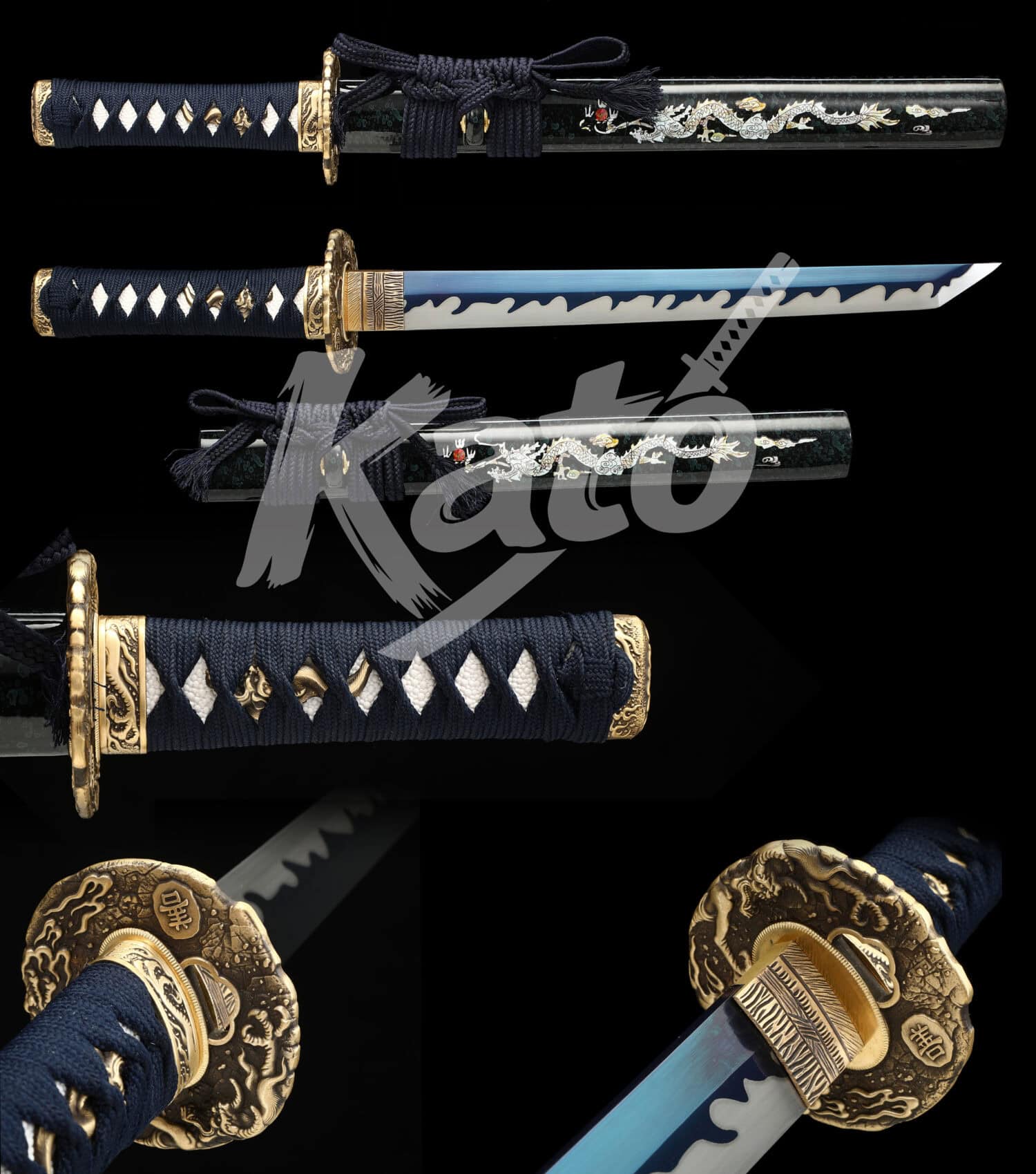 12 Hand-Forged 1095 Carbon Steel Tanto – Full Tang Blade, Dragon-Themed Brass Tsuba, Blue Cord Handle, Black Lacquered Saya