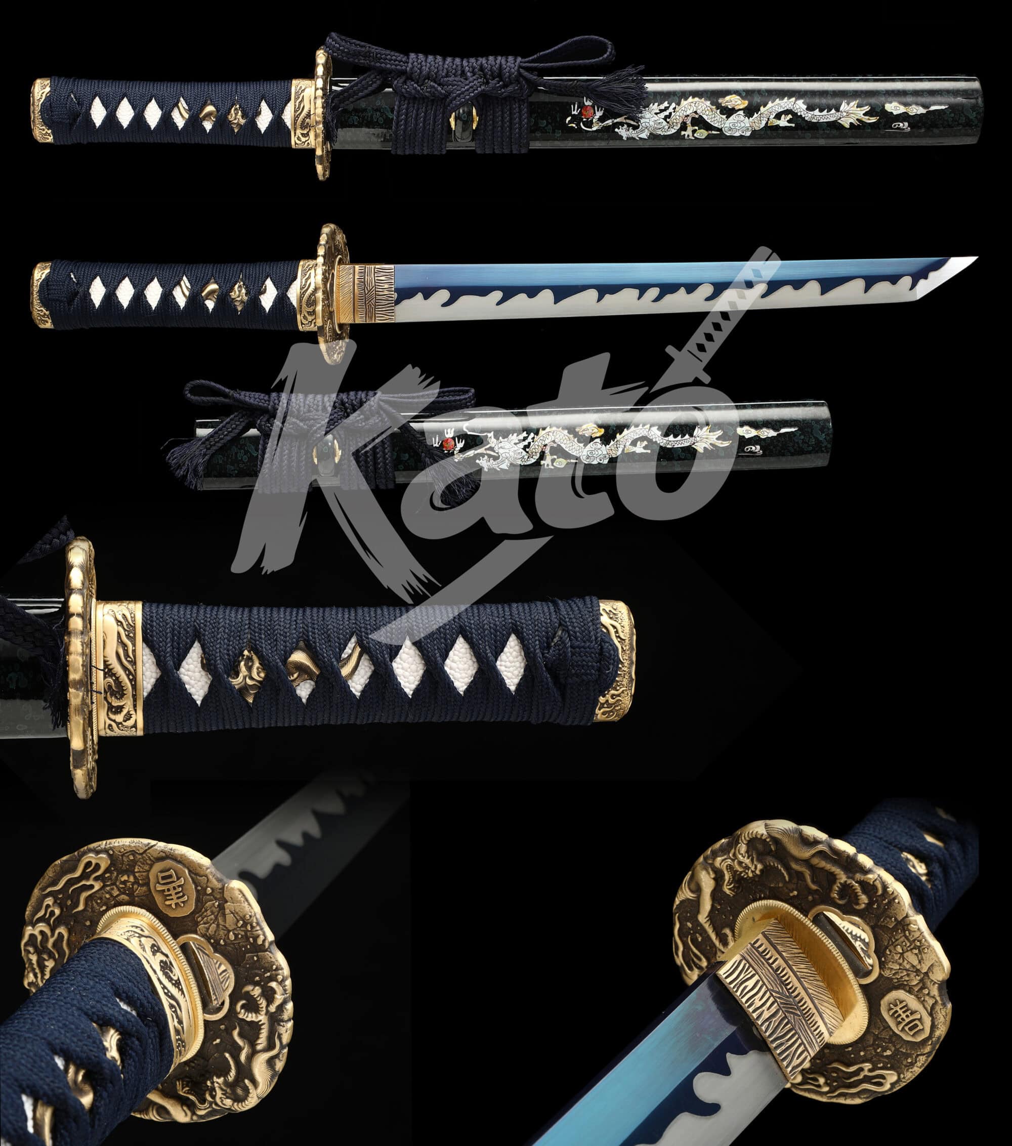 12 Hand-Forged 1095 Carbon Steel Tanto – Full Tang Blade, Dragon-Themed Brass Tsuba, Blue Cord Handle, Black Lacquered Saya