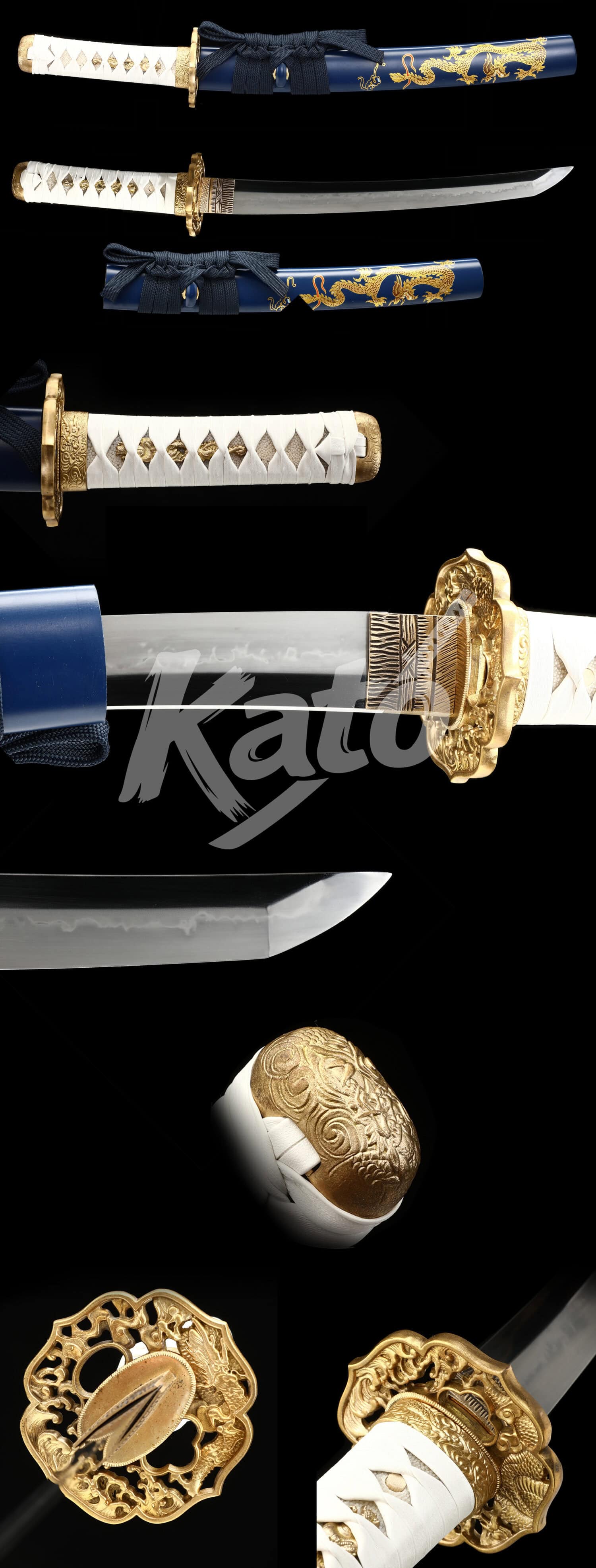 Hand-Forged T10 Carbon Steel Tanto Knife – Full Tang Blade, Real Hamon, Dragon-Themed Brass Tsuba, Blue Lacquered Saya