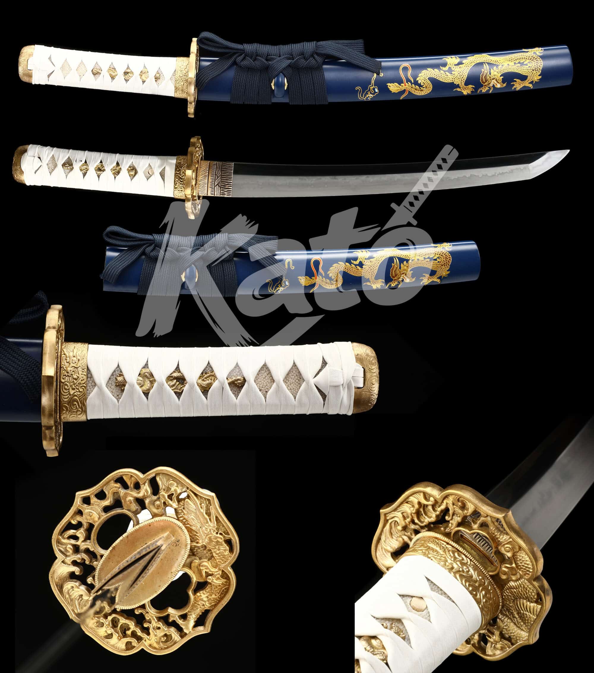 13 Hand-Forged T10 Carbon Steel Tanto Knife – Full Tang Blade, Real Hamon, Dragon-Themed Brass Tsuba, Blue Lacquered Saya