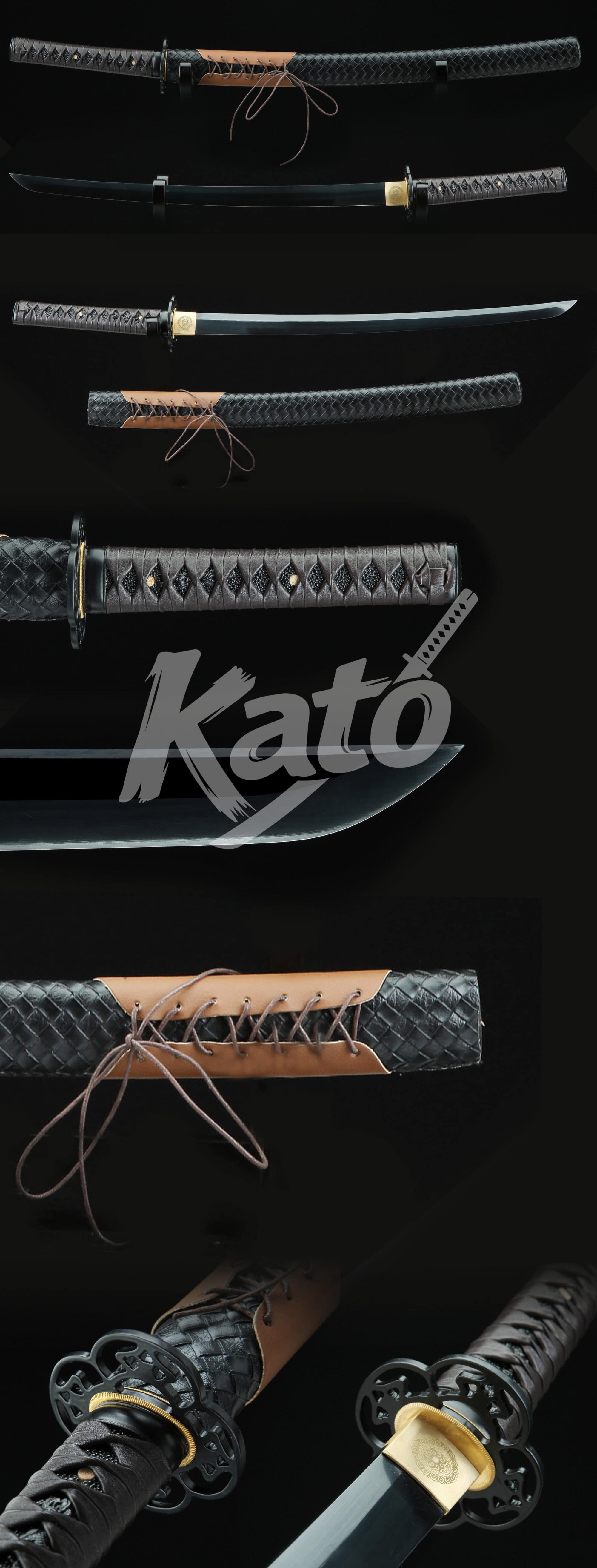 14-14 Hand-Forged 1045 Carbon Steel Wakizashi Sword – Full Tang Blade, Floral Tsuba, Black Scabbard, Traditional Japanese Style