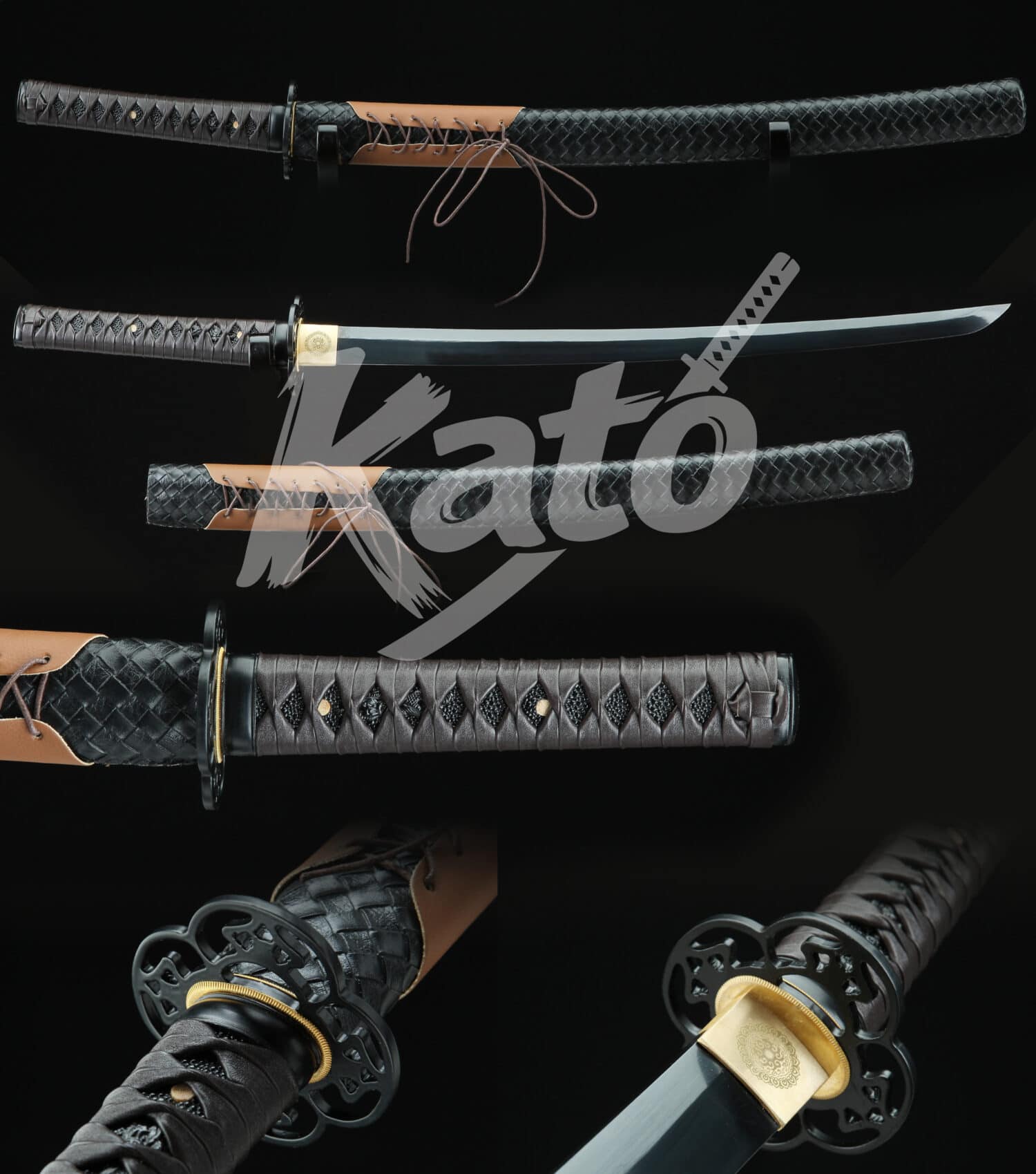 14 Hand-Forged 1045 Carbon Steel Wakizashi Sword – Full Tang Blade, Floral Tsuba, Black Scabbard, Traditional Japanese Style