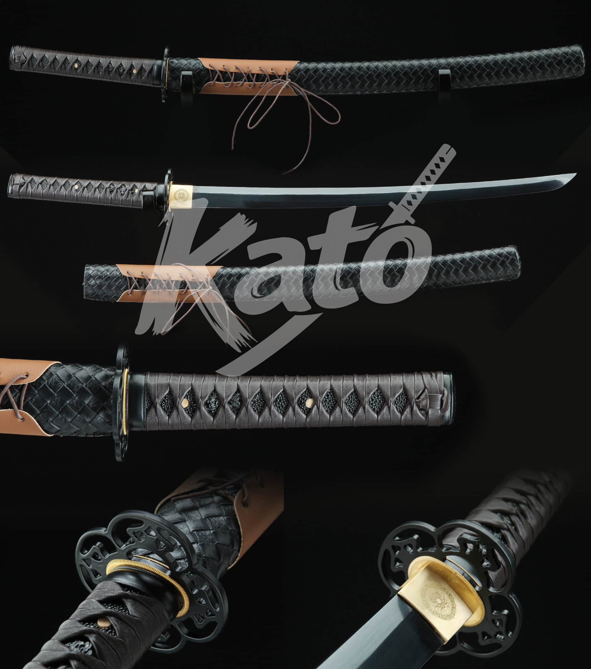 14 Hand-Forged 1045 Carbon Steel Wakizashi Sword – Full Tang Blade, Floral Tsuba, Black Scabbard, Traditional Japanese Style