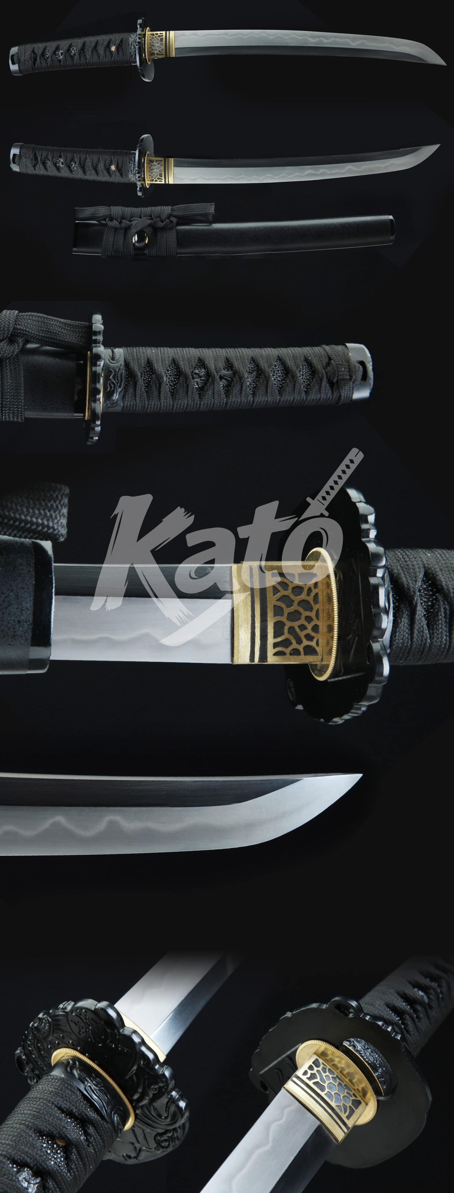 Hand-Forged T10 Steel Tanto Knife – Full Tang Blade, Black Alloy Tsuba, Black Cord Handle, Traditional Japanese Style